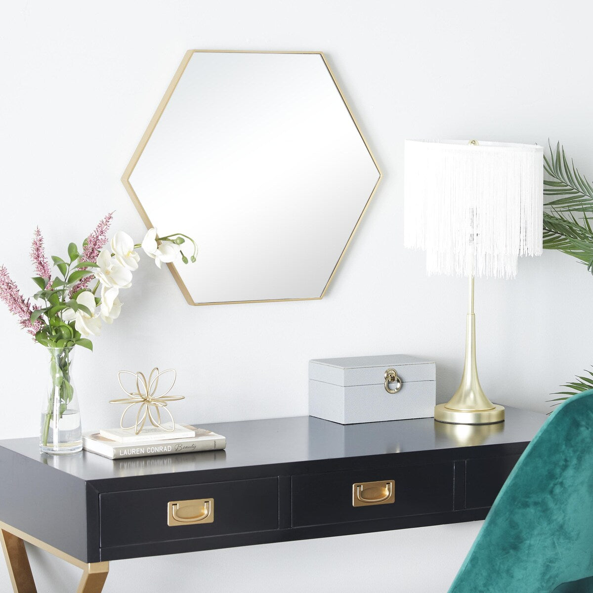 Wooden Hexagon Room Wall Mirror with Thin Minimalistic Frame - Black or Gold - CosmoLiving by Cosmopolitan