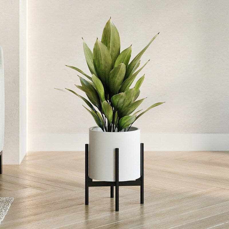 Raya White Mid-Century Modern Planter with 4-Leg Metal Base