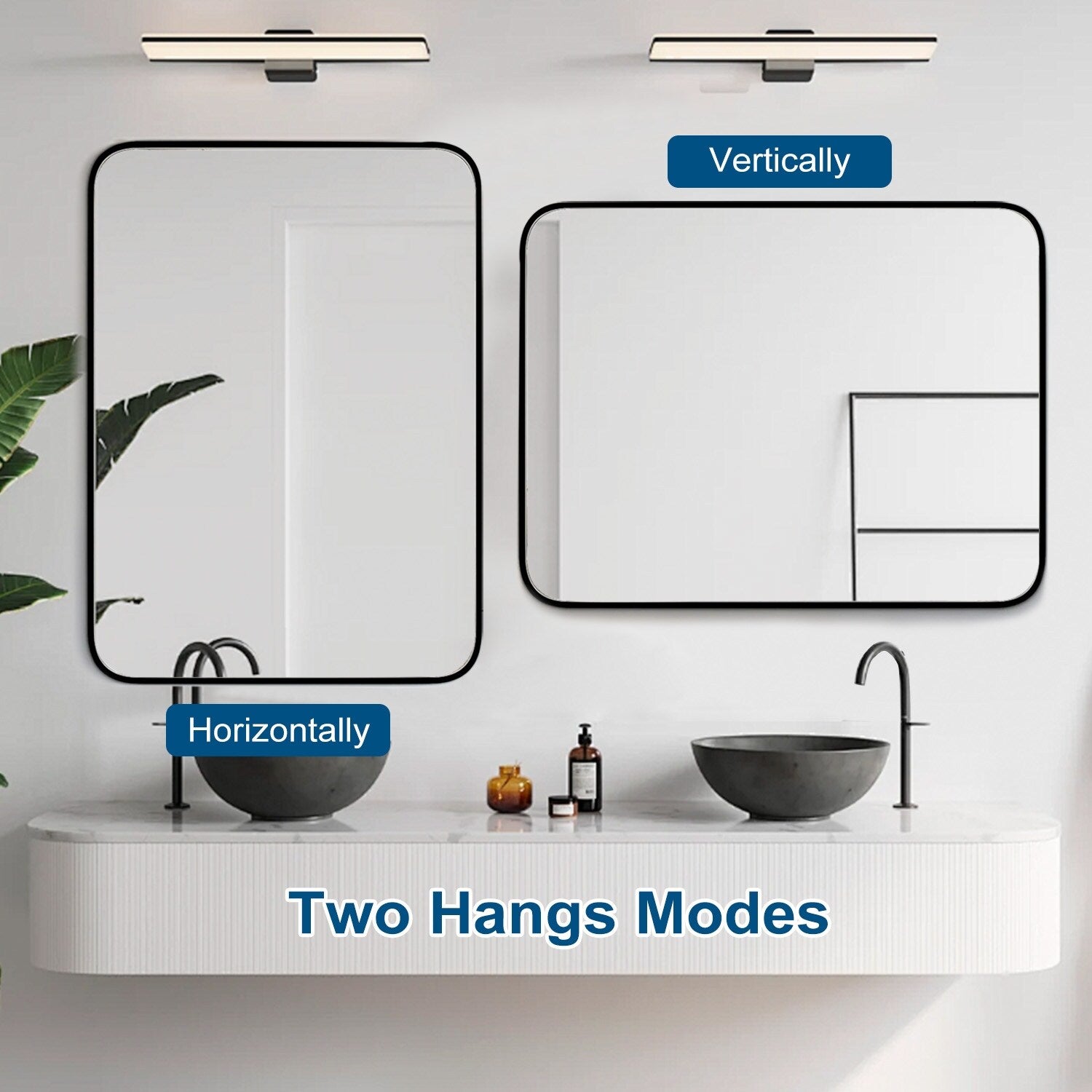 Black Aluminum Alloy Framed Vanity Rounded Rectangle Bathroom Mirrors for Over Sink Wall, Horizontally or Vertically Hanging