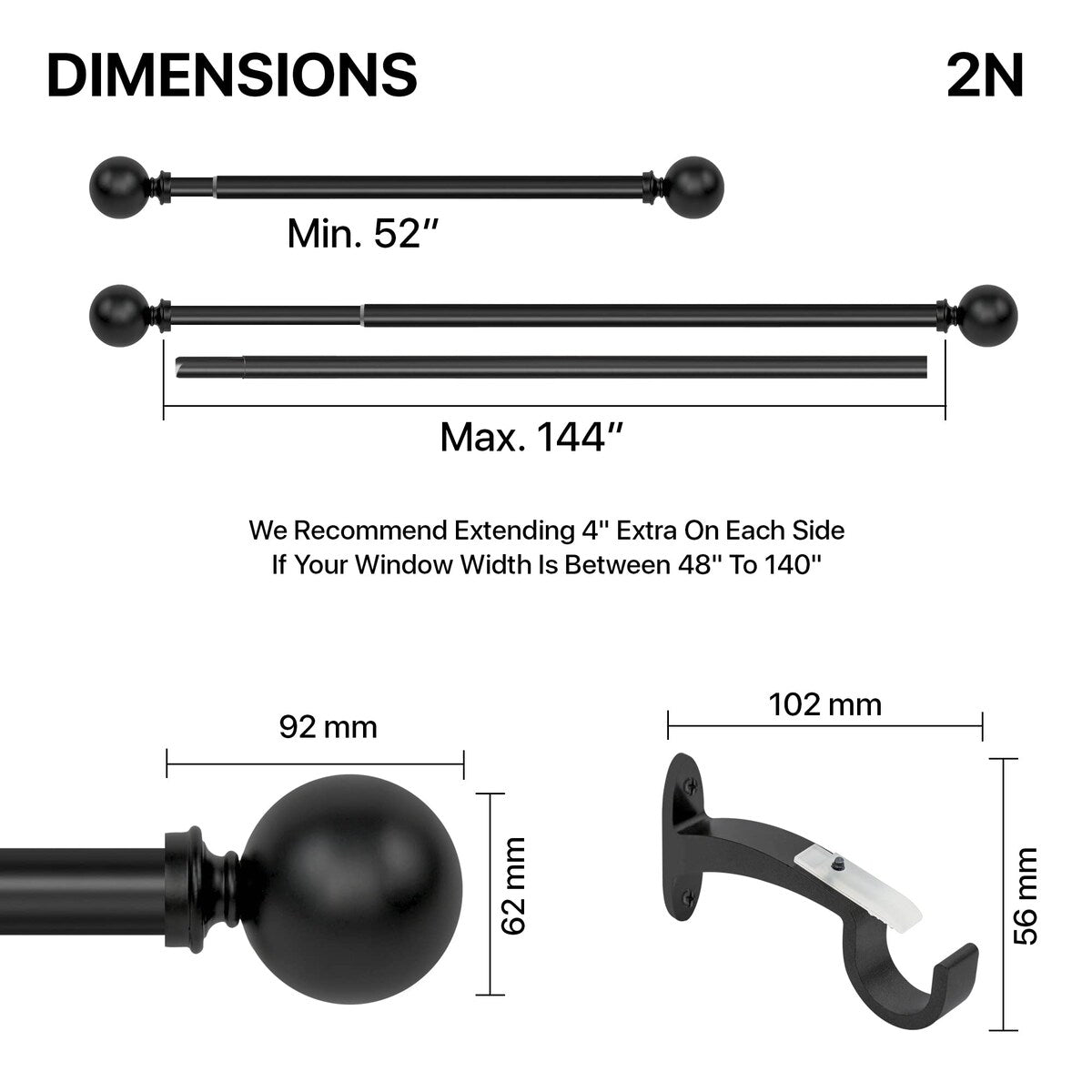 Deco window 1 Inch Adjustable Curtain Rod for Windows & Doors Curtains with Ball Finials & Brackets Set