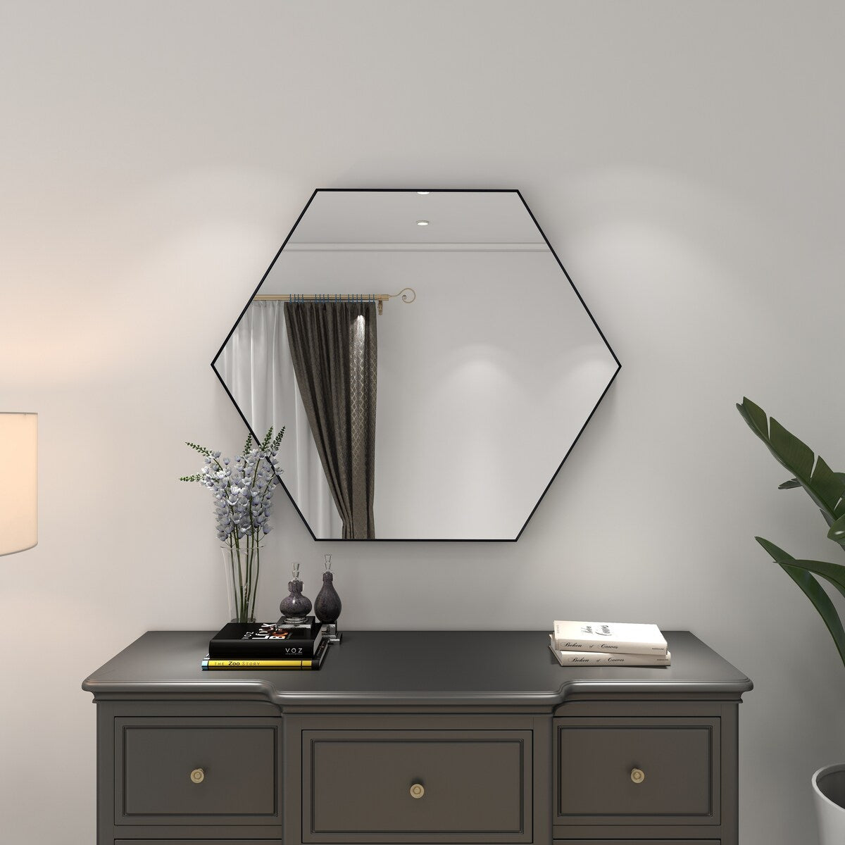 Wooden Hexagon Room Wall Mirror with Thin Minimalistic Frame - Black or Gold - CosmoLiving by Cosmopolitan