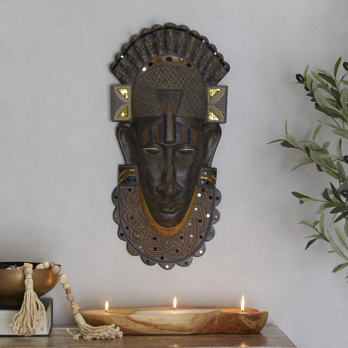 Polystone Mask African Tribal Home Wall Decor with Mirrored Gold Accents - Brown - Roche River Decor