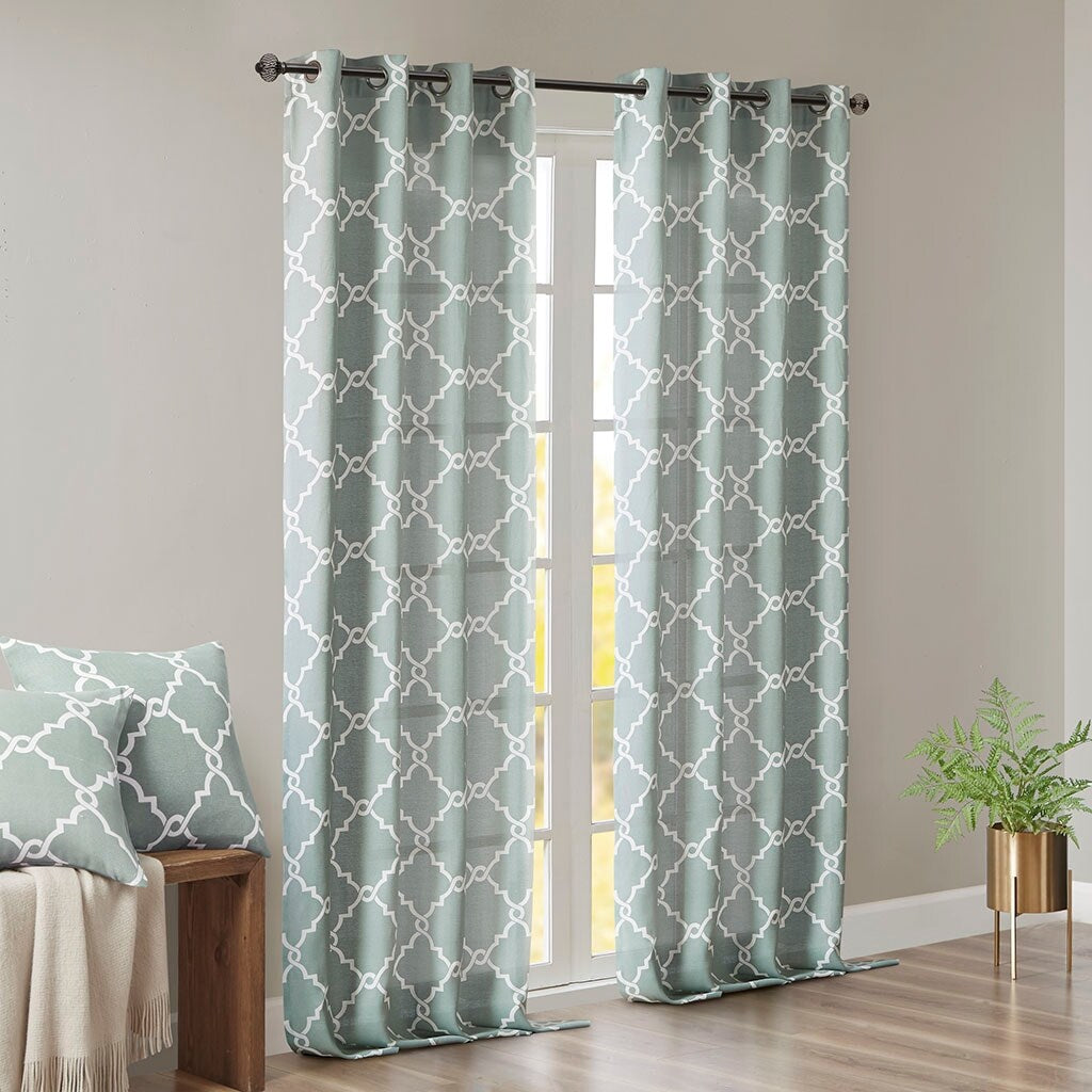 Cotton Blend Curtain Panel Pair, Scroll Geometric Print Grommet Curtain Panel Machine Washable - 63/84/95/108