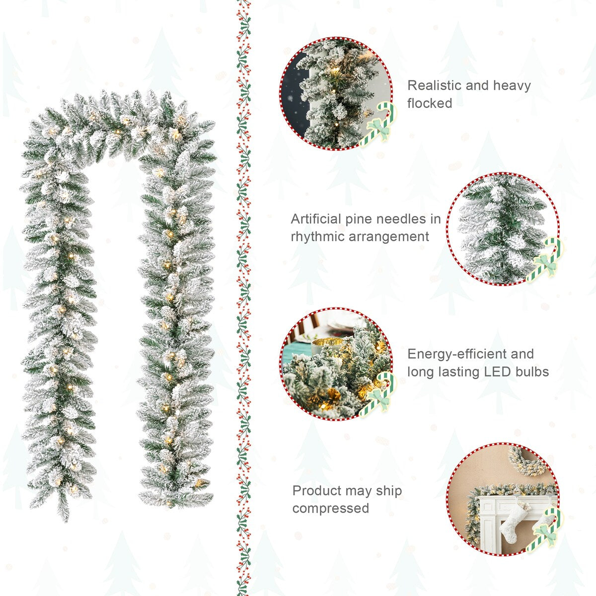 Glitzhome 2pk 6ft Pre-Lit Pinecones or Snow Flocked Christmas Garland, with Warm White LED Lights and Timer