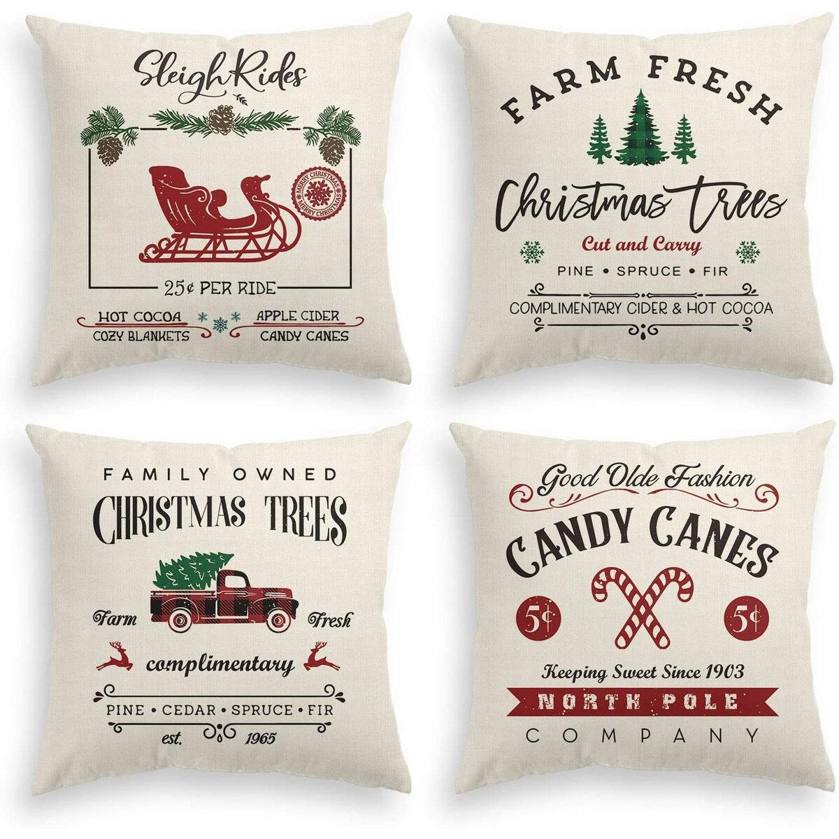 Christmas Throw Pillow Cover, 18 x 18 Inch Winter Holiday Rustic Farmhouse Cushion Case for Sofa Couch Set of 4