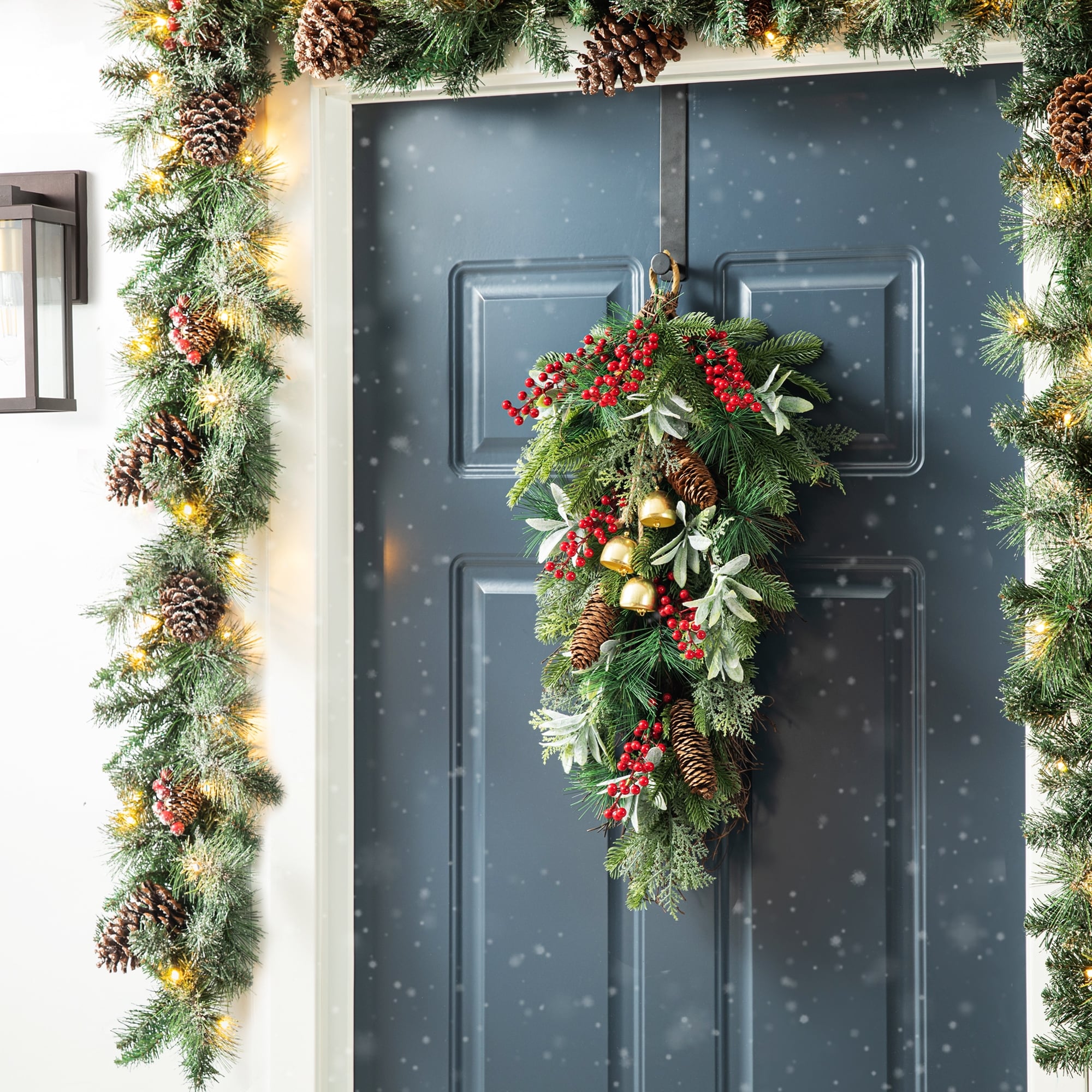 Glitzhome Christmas Berry Pinecone & Bell Teardrop Wreath Door Hanging Decor