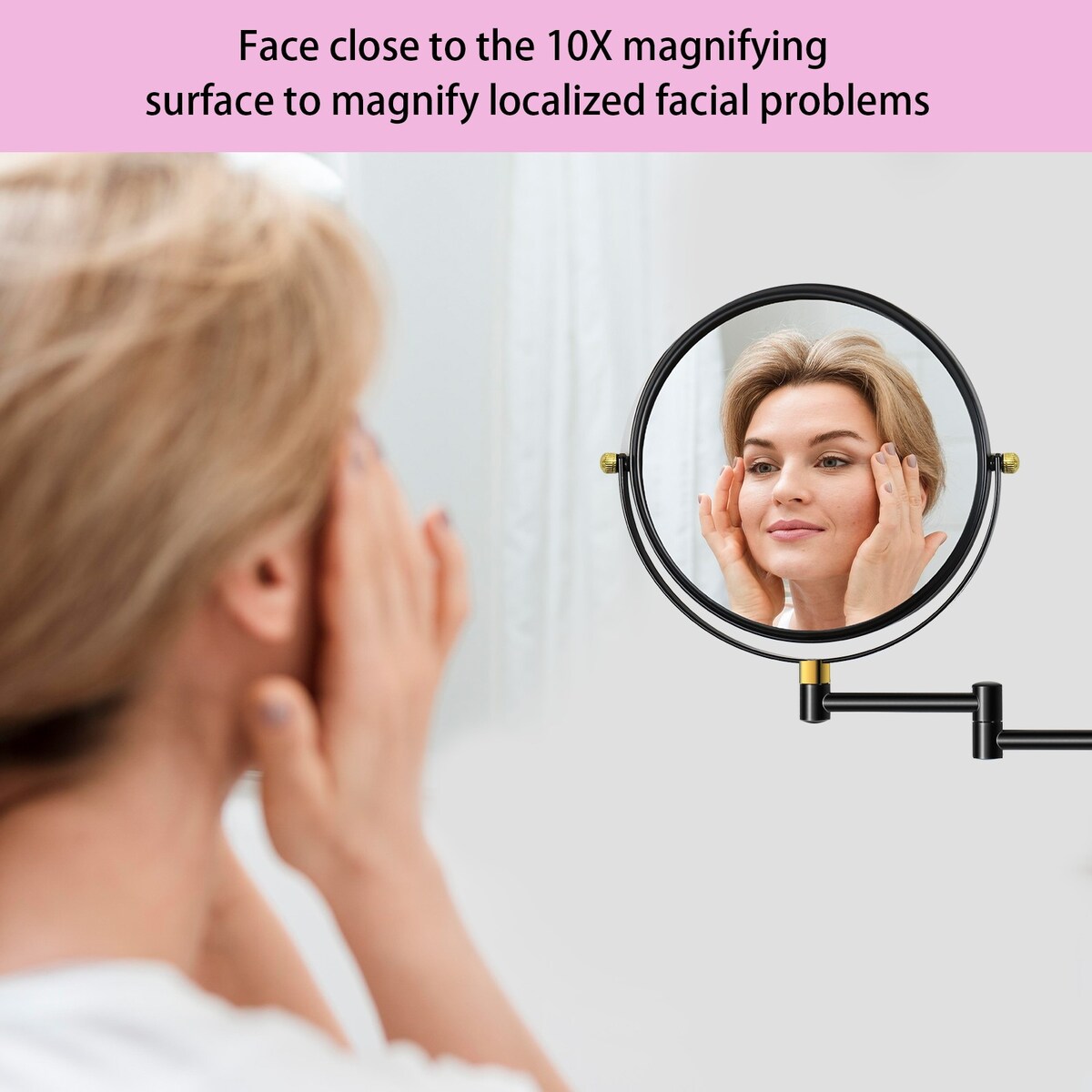 360° Swivel Wall Mounted Makeup Vanity Mirror with Extension Arm, 1X / 10X Magnification Mirror, 8-inch Makeup Mirror