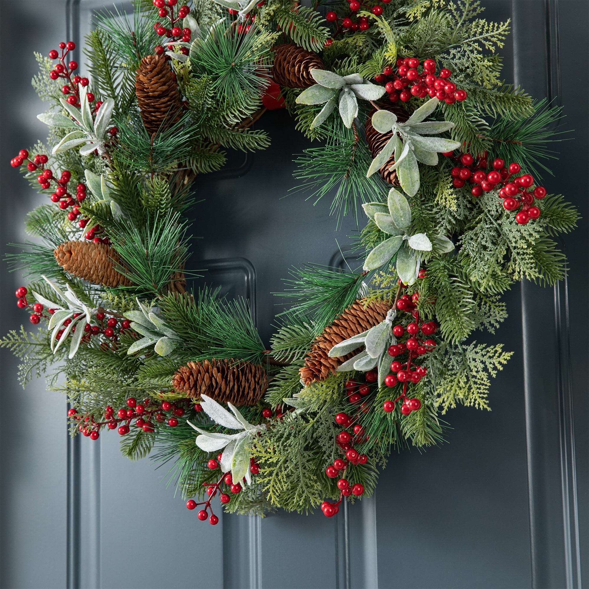 Glitzhome Christmas Berry Pinecone & Bell Teardrop Wreath Door Hanging Decor