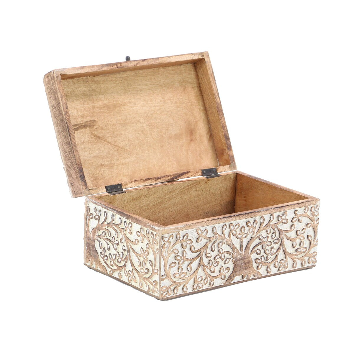 Mango Wood Floral Handmade Decorative Box with Hinged Lid - Set of 3 Brown or White - Roche River Decor