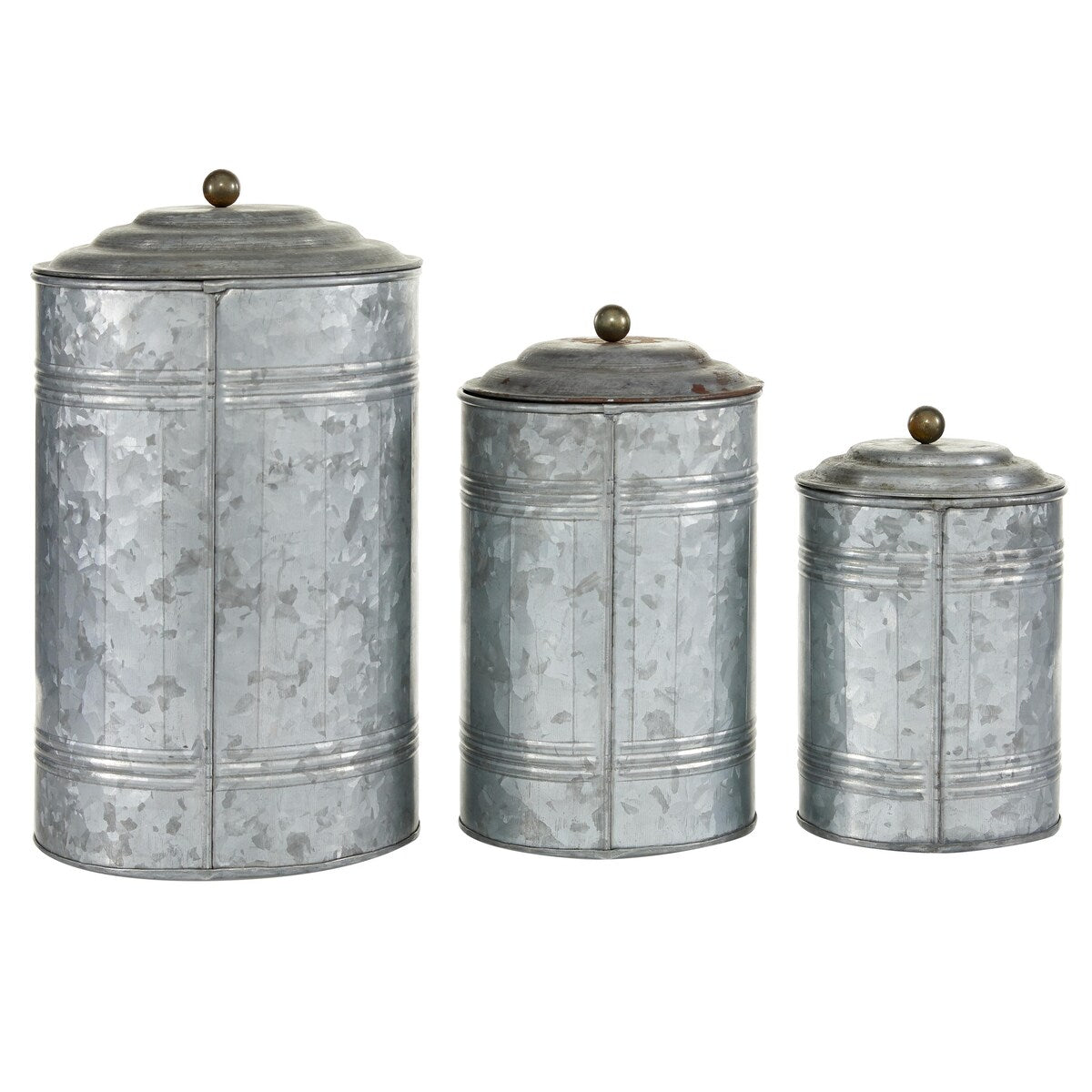 Metal Galvanized Ribbed Living Room Decorative Jars with Gold Ball Knobs - Set of 3 Gray - Roche River Decor