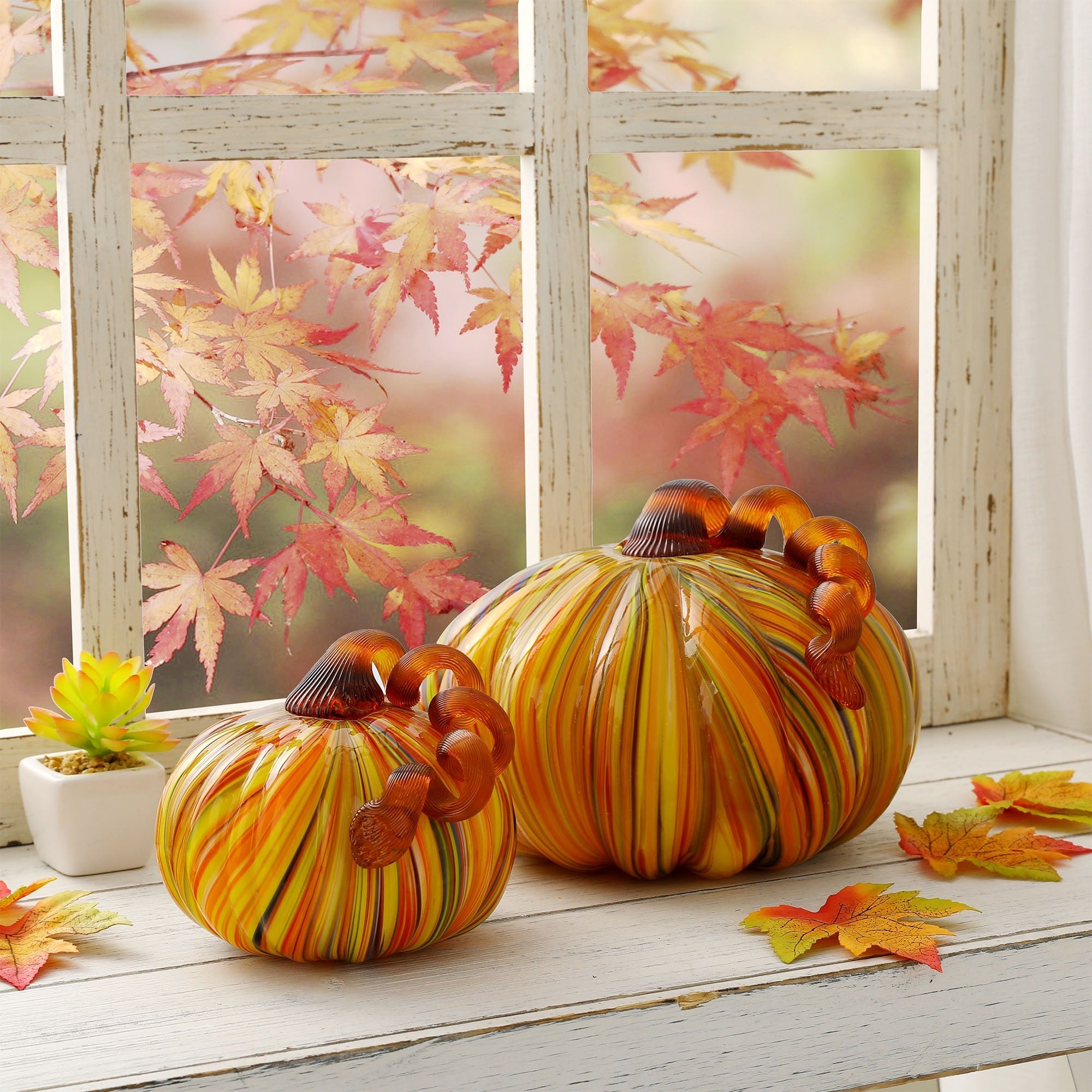 Glitzhome S/2 or S/3 Handblown Glass Pumpkins Thanksgiving Table Centerpiece Fall Harvest Gift Decor