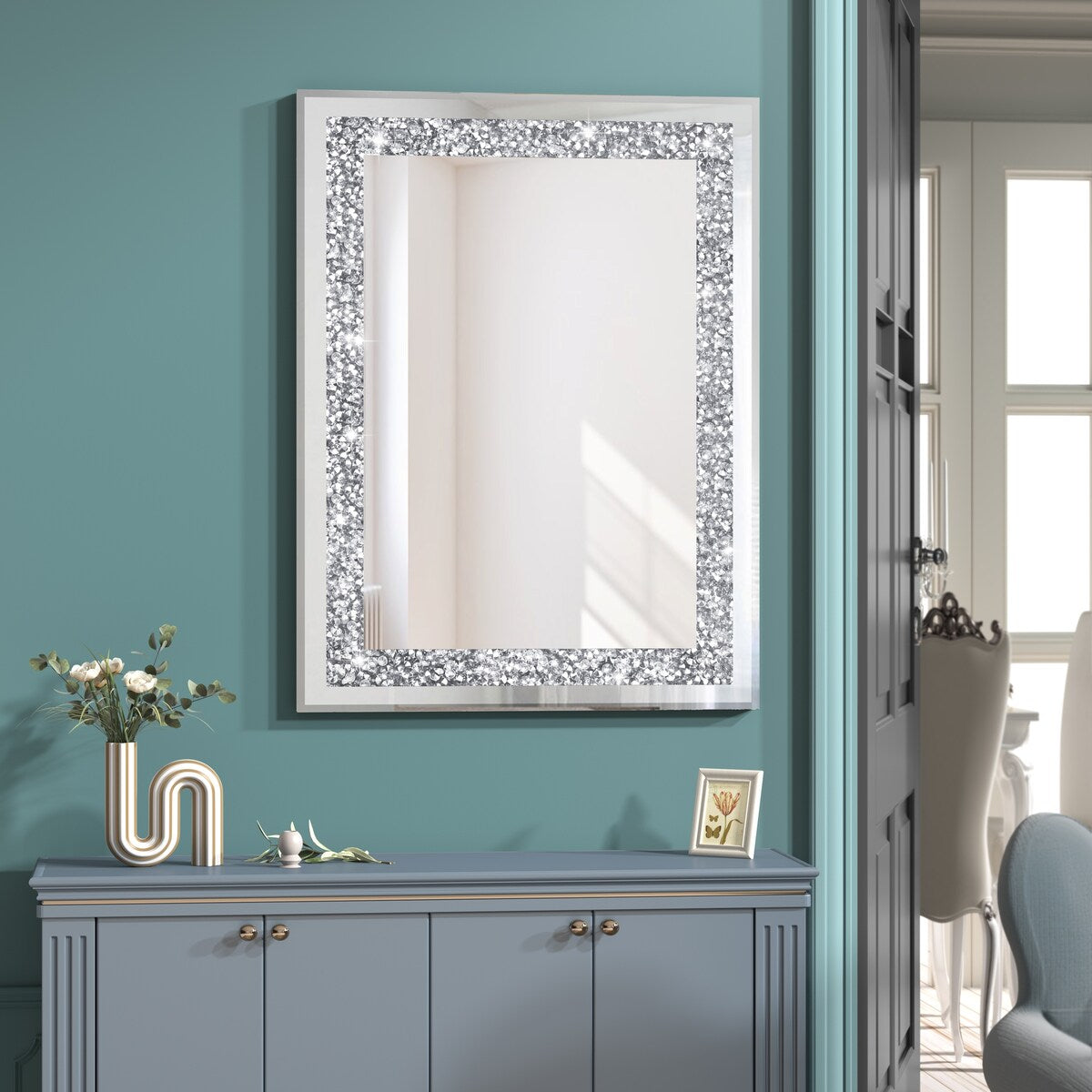 KOHROS Silver Rectangle Crystal Decorative Wall Mirror