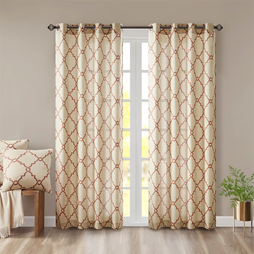 Cotton Blend Curtain Panel Pair, Scroll Geometric Print Grommet Curtain Panel Machine Washable - 63/84/95/108