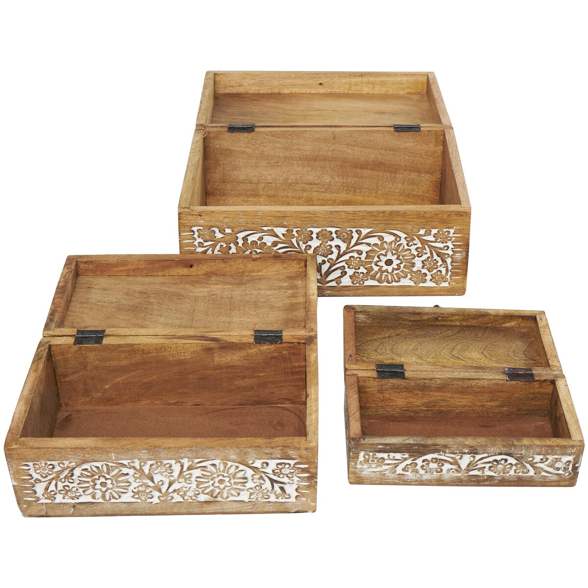 Mango Wood Floral Handmade Decorative Box with Hinged Lid - Set of 3 Brown or White - Roche River Decor