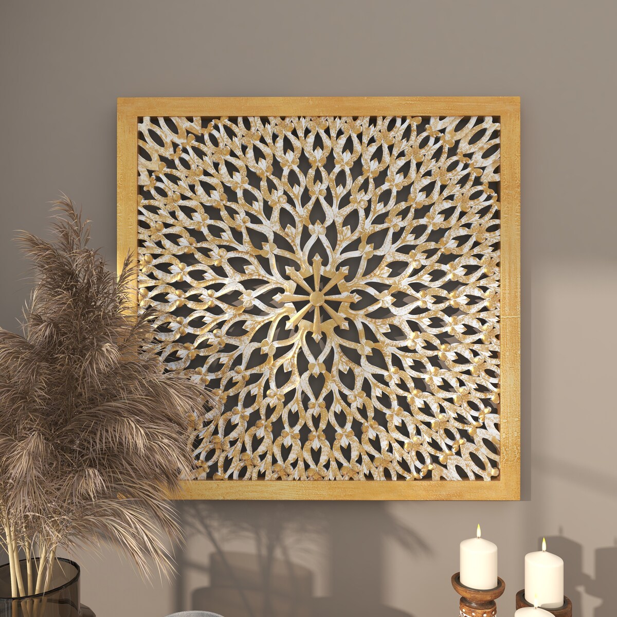 Wood Floral Handmade Intricately Carved Home Wall Decor with Mandala Design - Light Brown - Roche River Decor