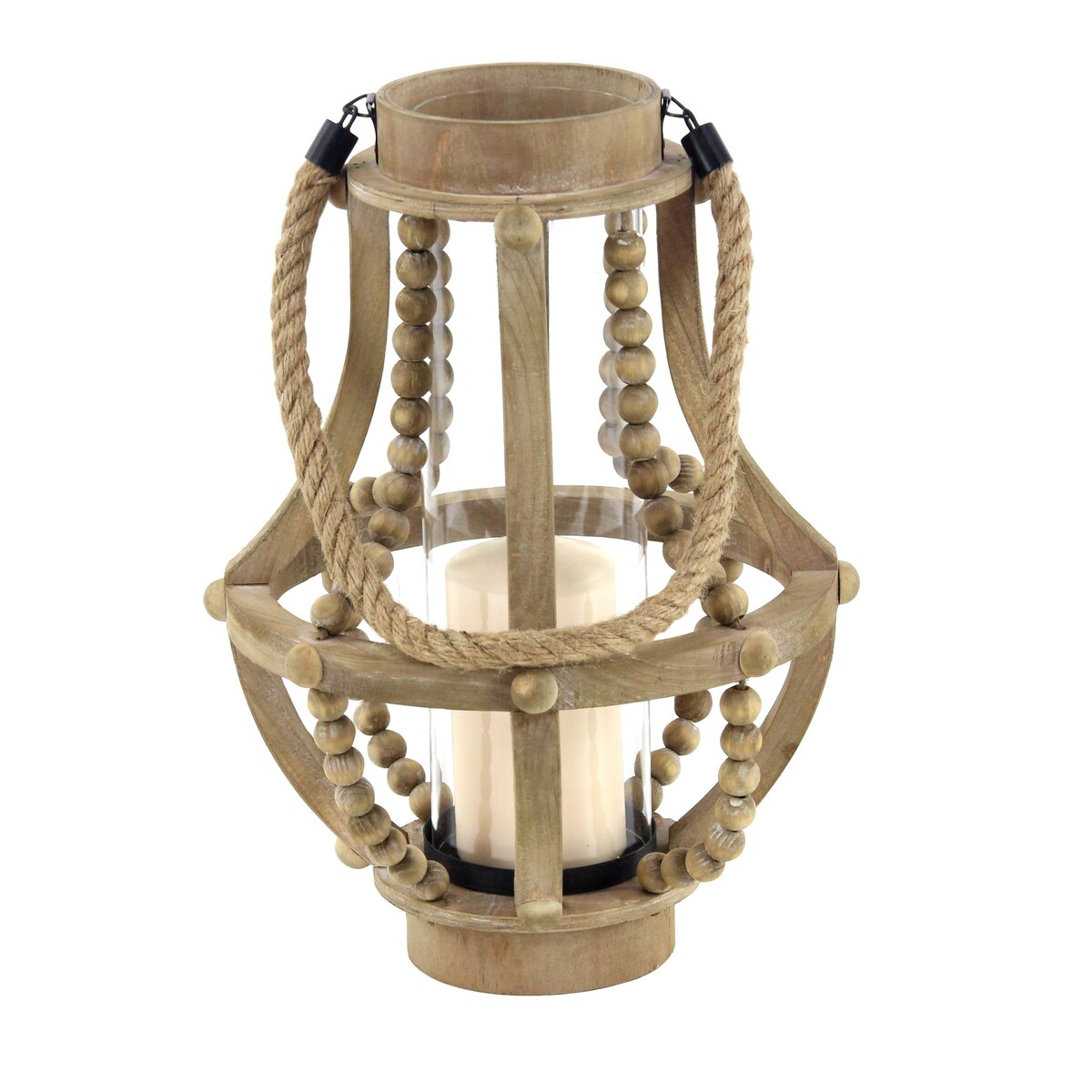 Reclaimed Wood Beaded Decorative Indoor Outdoor Candle Lantern - Beige - Roche River Decor