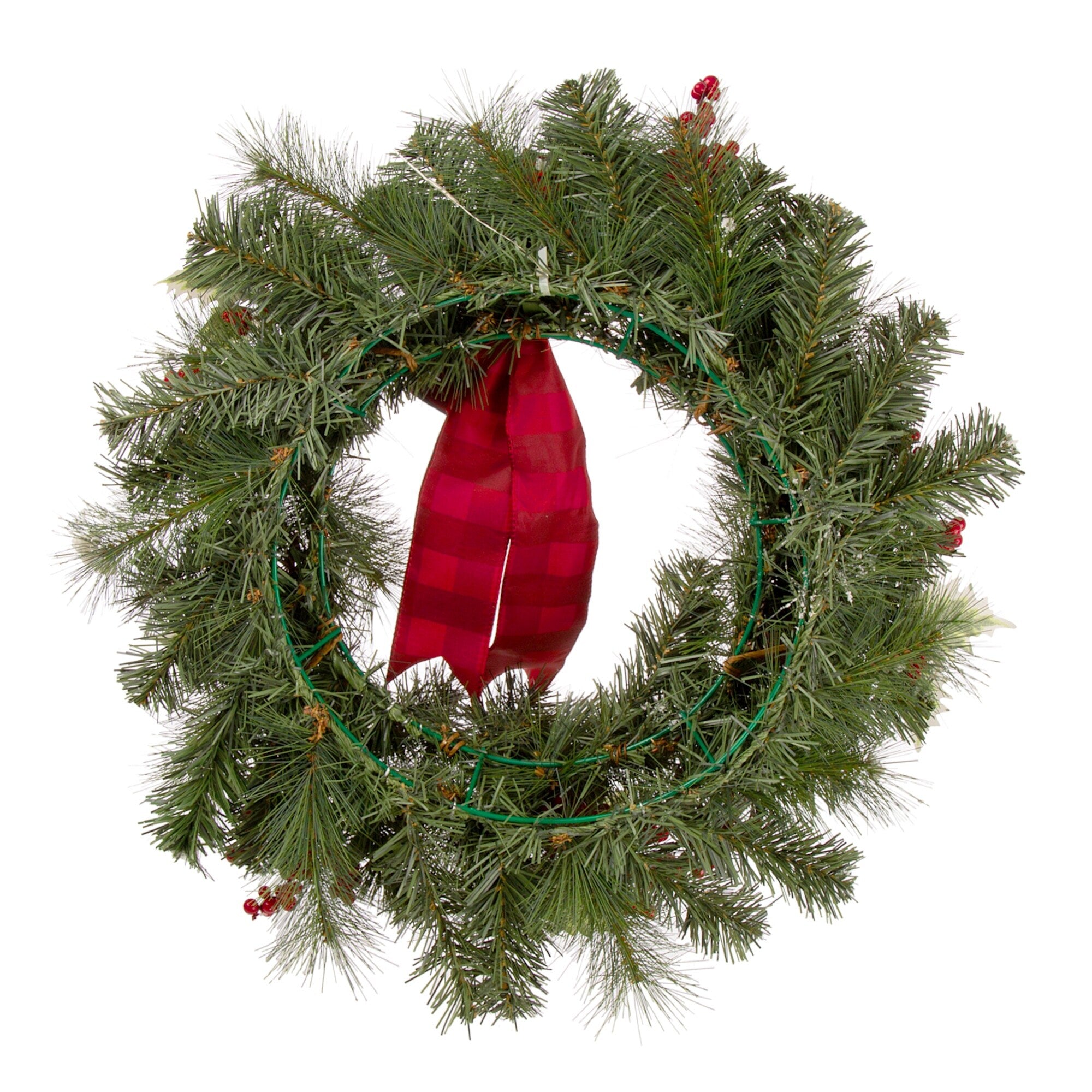 Glitzhome 24 LED Greenery Twig Ball Pinecone Holly Pine Wreath with Timer