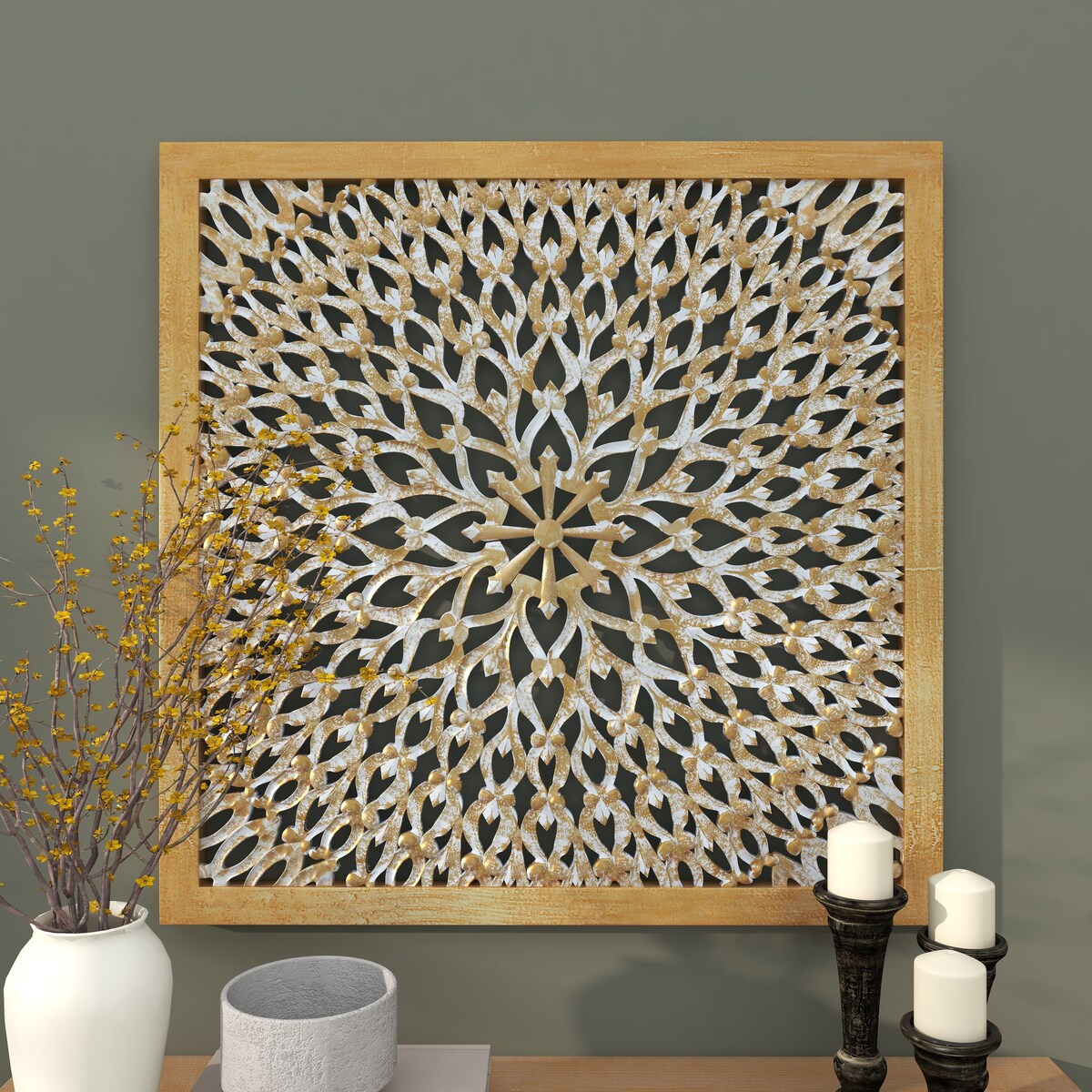 Wood Floral Handmade Intricately Carved Home Wall Decor with Mandala Design - Light Brown - Roche River Decor