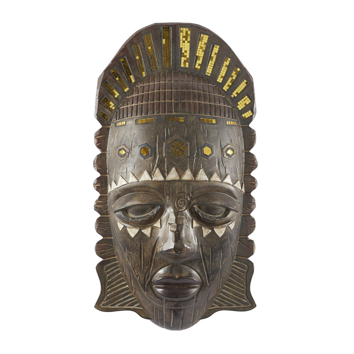 Polystone Mask African Tribal Home Wall Decor with Mirrored Gold Accents - Brown - Roche River Decor