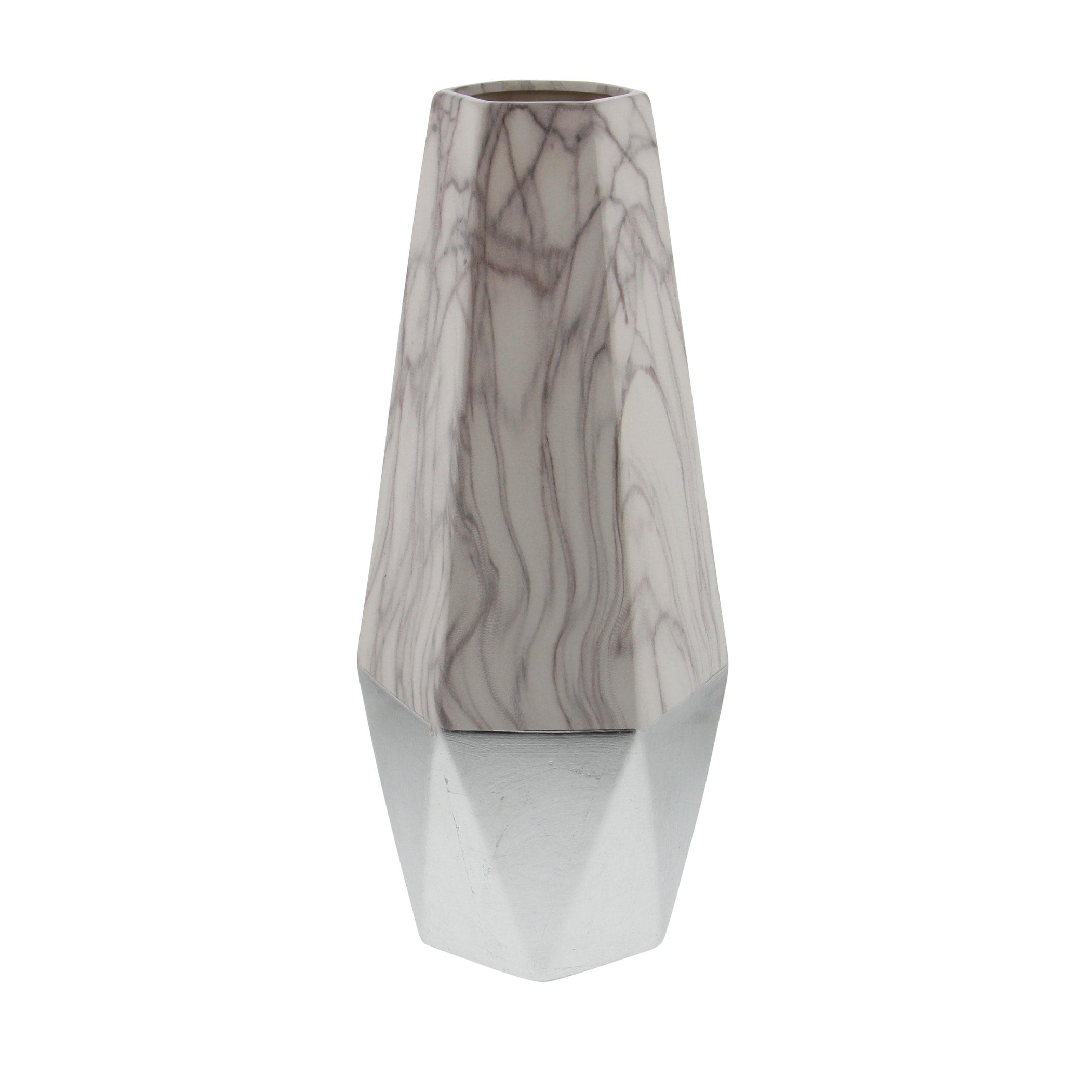 Ceramic Faux Marble Decorative Vase with Silver or Gold Base - Gray, Dark Gray or Gold - Roche River Decor