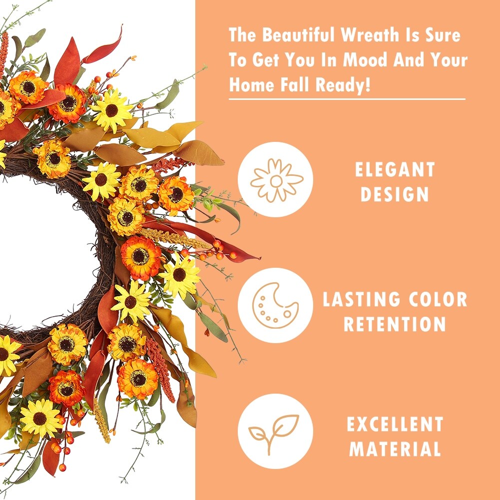 20 Artificial Fall Wreath for Front Door,Orange Daisy Autumn Wreath with Colorful Wildflowers and Autumn Foliage