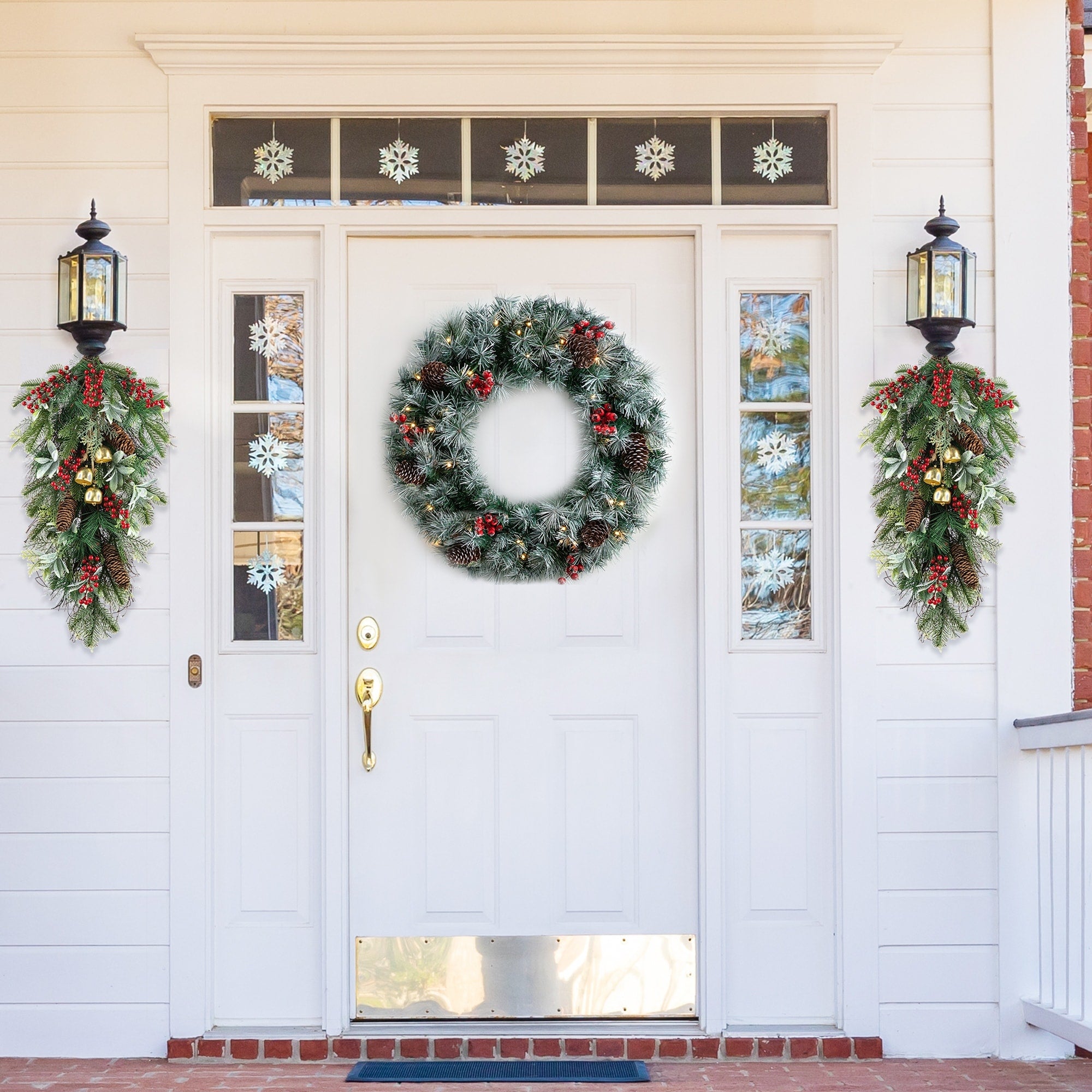 Glitzhome Christmas Berry Pinecone & Bell Teardrop Wreath Door Hanging Decor