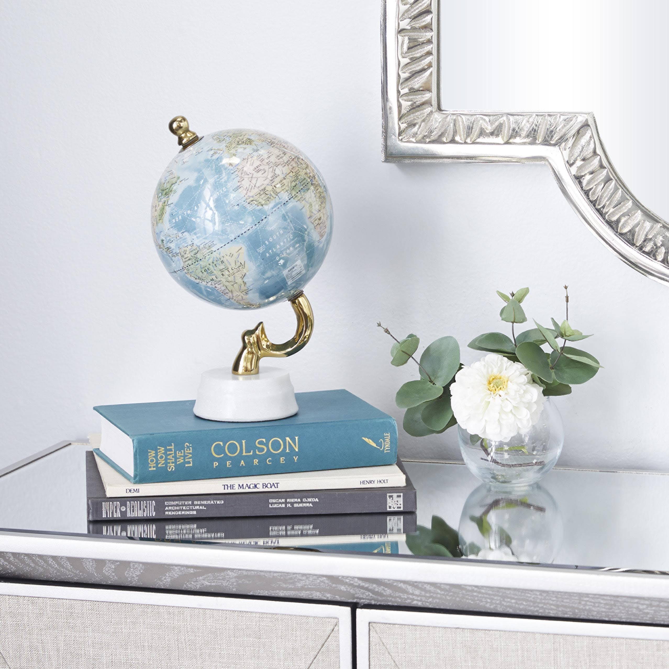 Aluminum Metal Globe with Marble Base - Blue or Gold - Roche River Decor