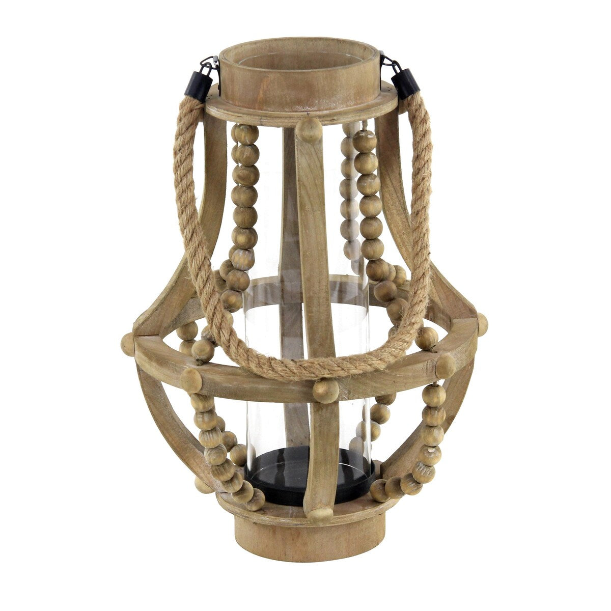 Reclaimed Wood Beaded Decorative Indoor Outdoor Candle Lantern - Beige - Roche River Decor