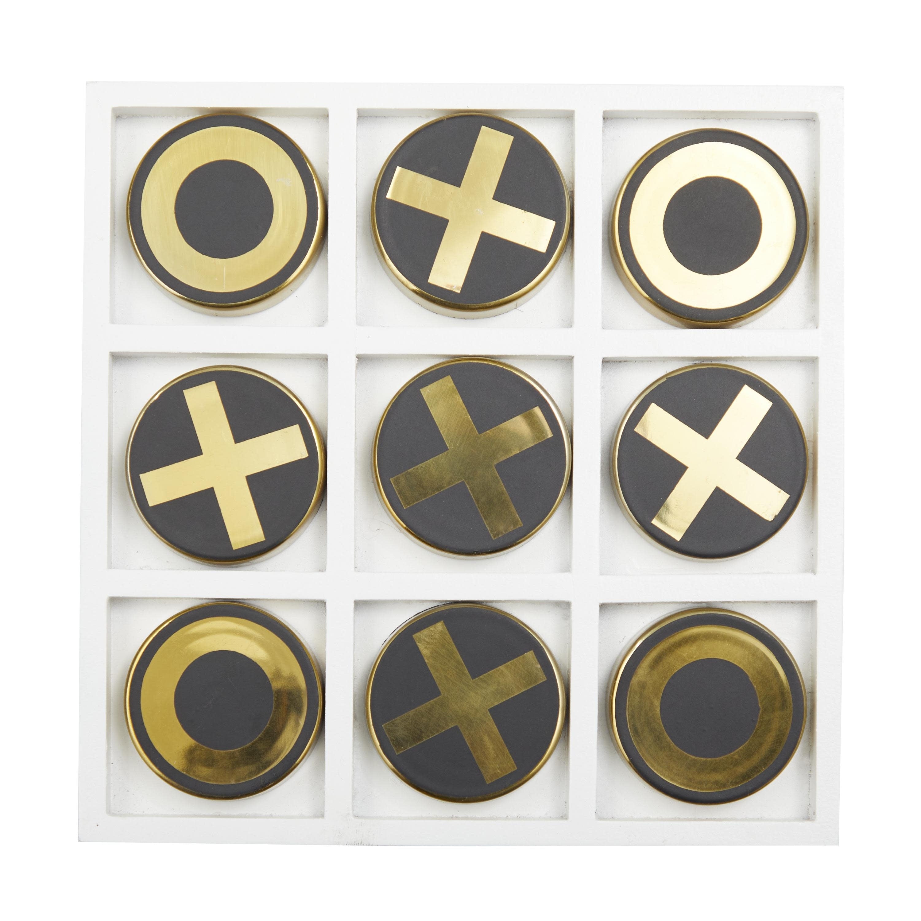 Wooden Tic Tac Toe Block Game Set with Steel or Light Wood Pieces - Black, Dark Brown, Gold - The Novogratz