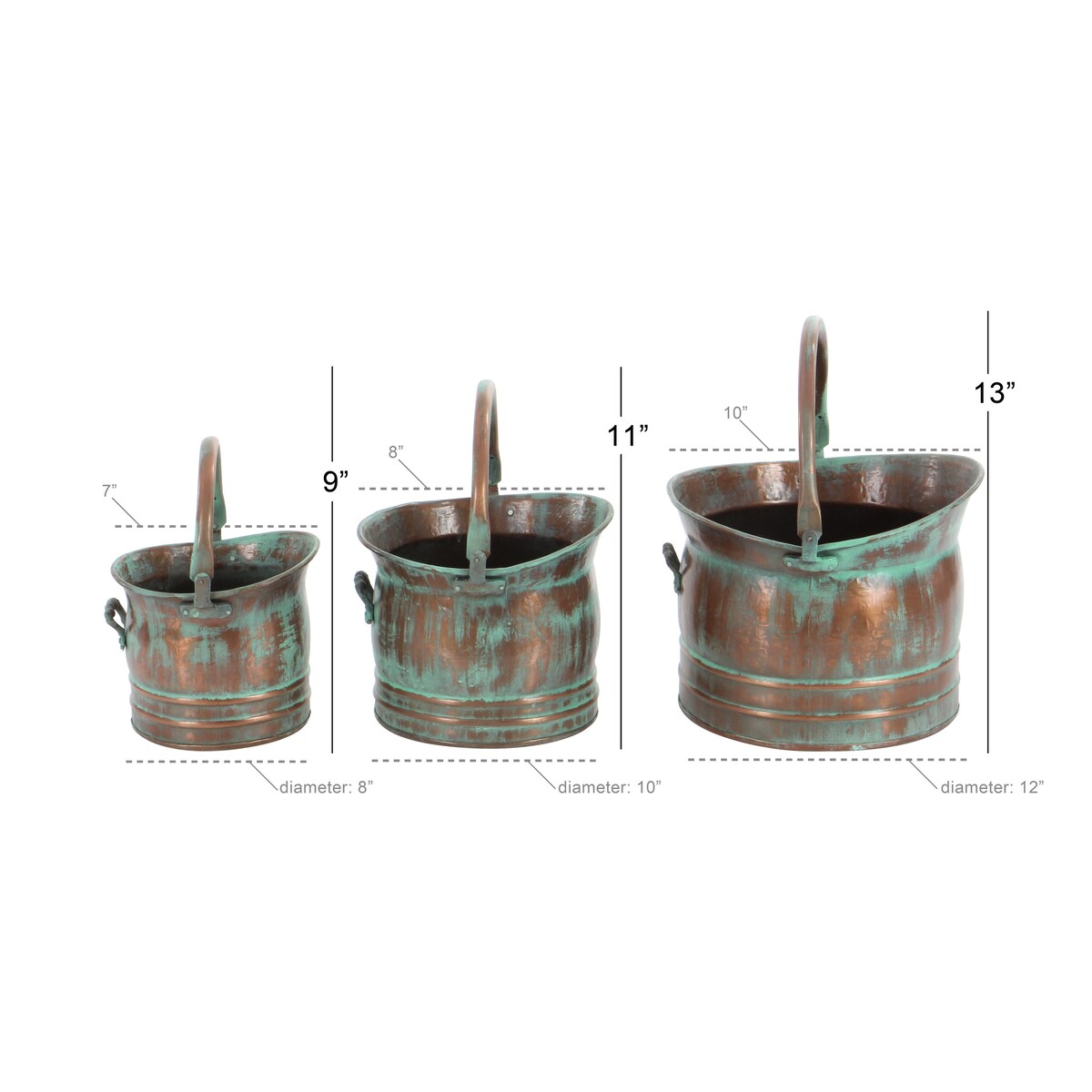 Metal Patina Tulip Style Bucket Indoor Outdoor Planter with Stationary Handles - Set of 3 Copper - Roche River Decor