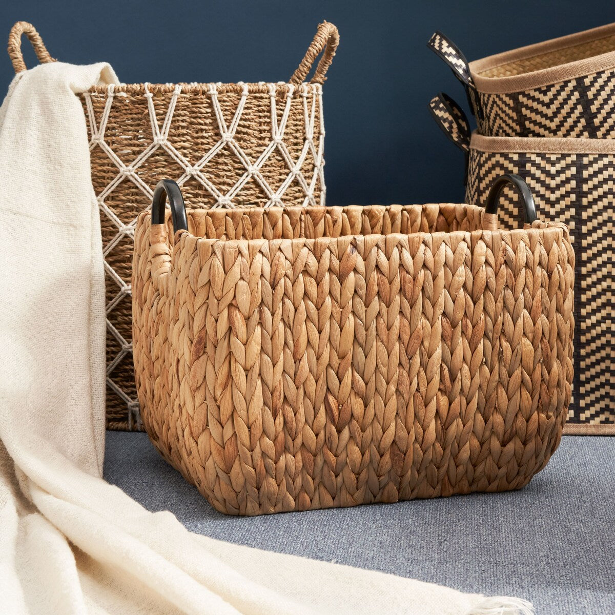 Ludmilla Rectangular Multi Purpose Water Hyacinth Woven Wicker Baskets with Handles - 16 x 12 x 13