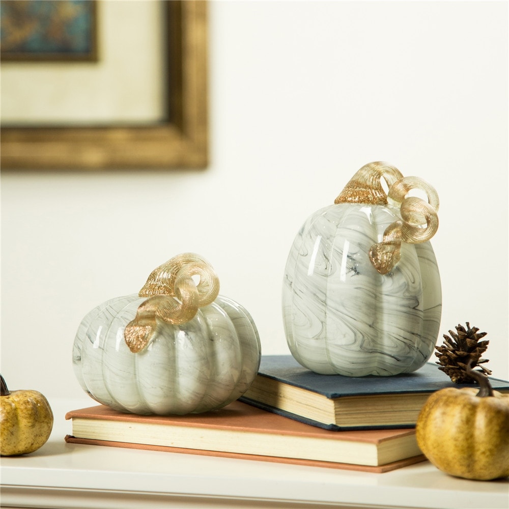 Glitzhome S/2 or S/3 Handblown Glass Pumpkins Thanksgiving Table Centerpiece Fall Harvest Gift Decor