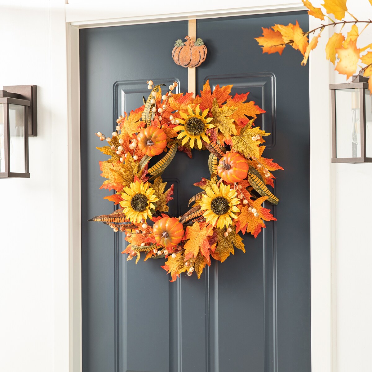 Glitzhome 24D Fall Pumpkin Sunflower Lotus Floral & Wreath for Thanksgiving