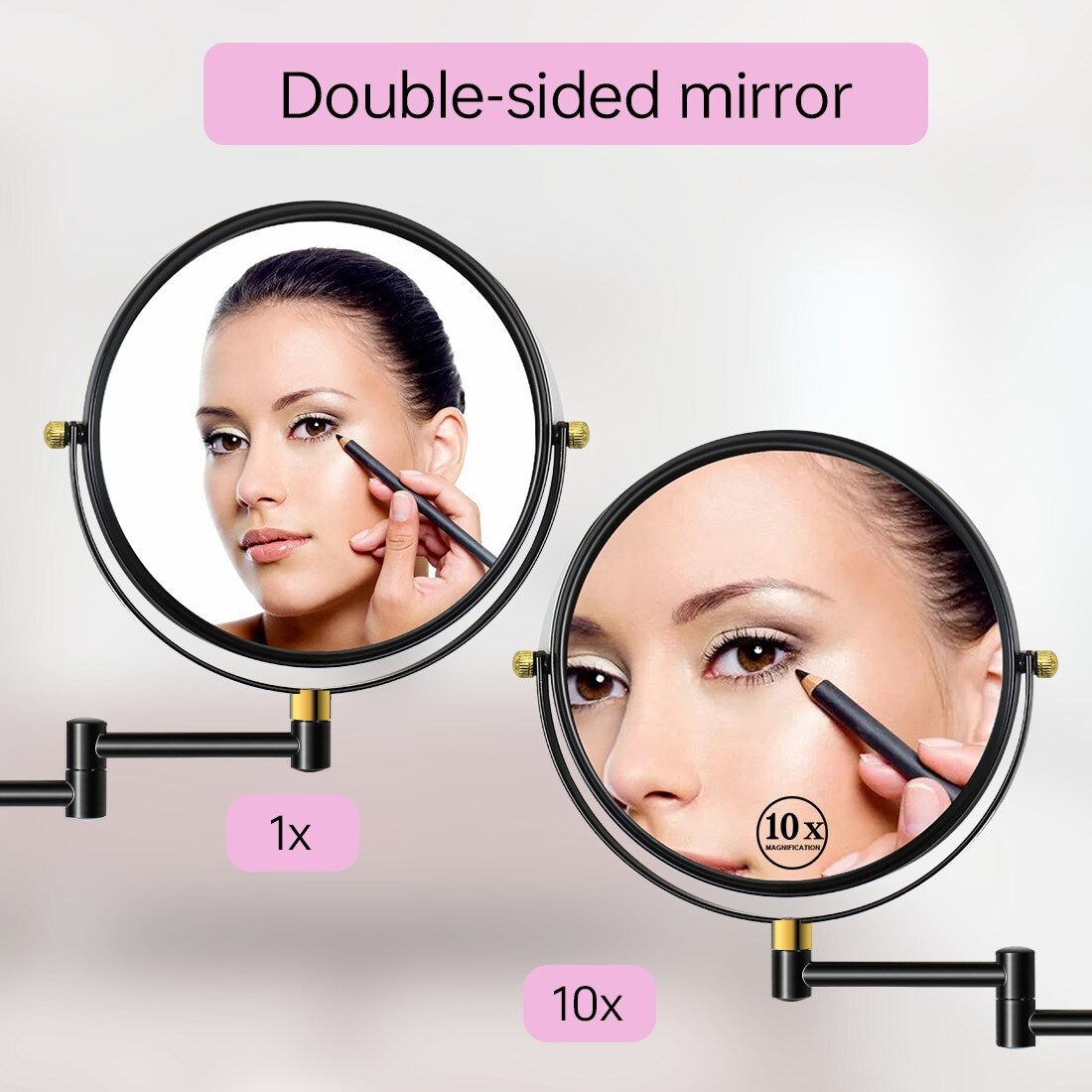 360° Swivel Wall Mounted Makeup Vanity Mirror with Extension Arm, 1X / 10X Magnification Mirror, 8-inch Makeup Mirror