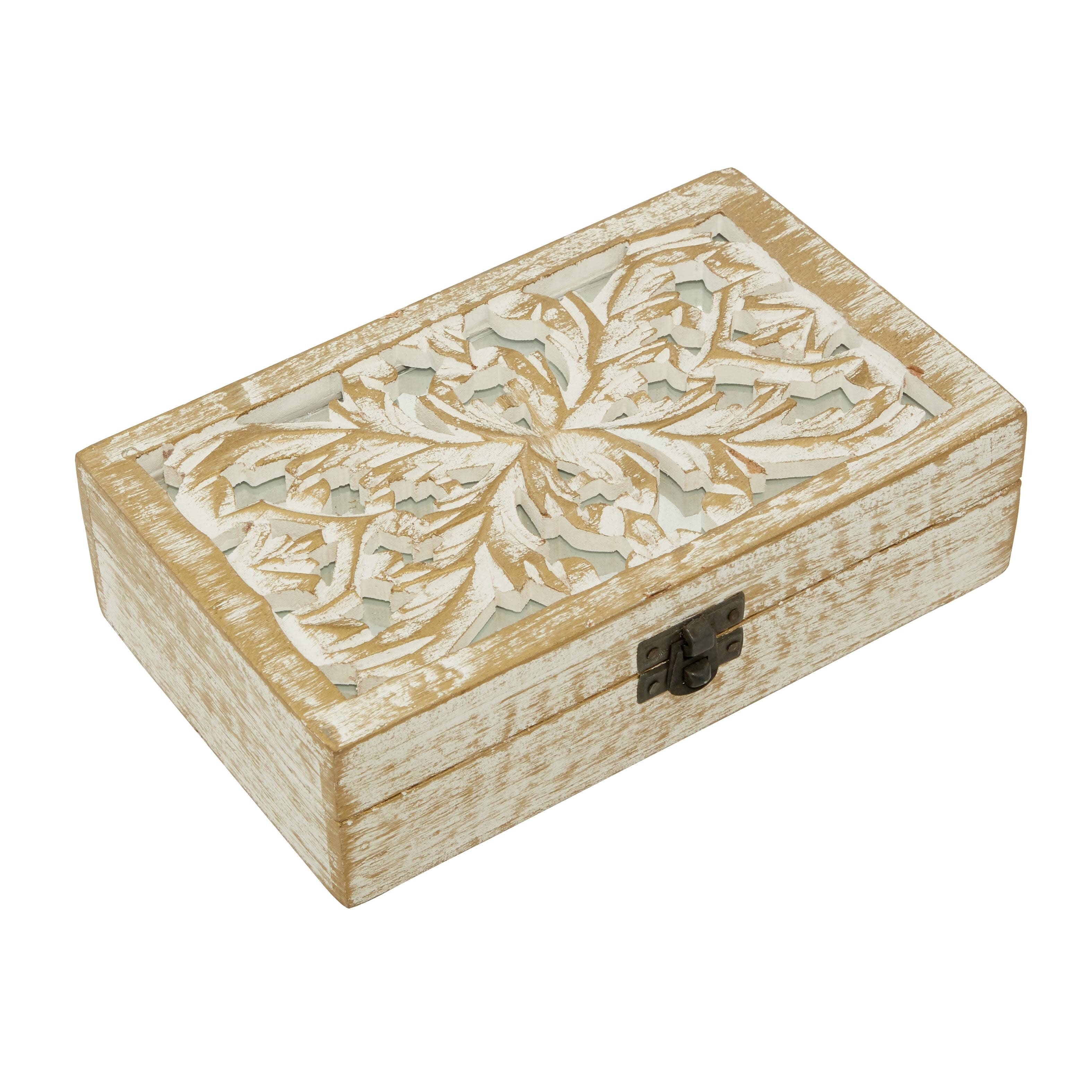 Mango Wood Floral Handmade Decorative Box with Hinged Lid - Set of 3 Brown or White - Roche River Decor