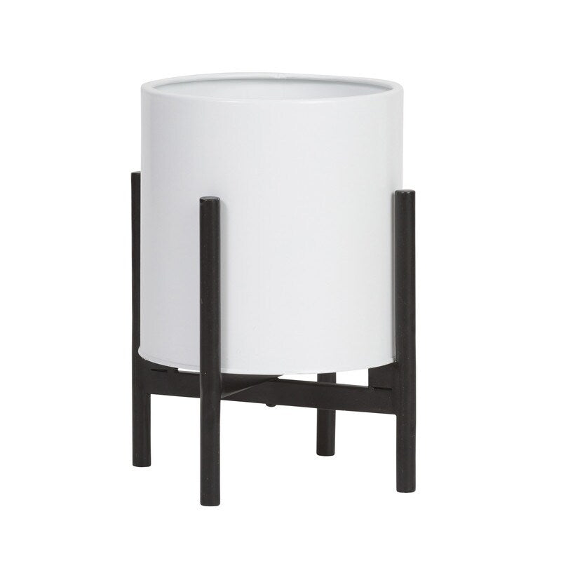 Raya White Mid-Century Modern Planter with 4-Leg Metal Base