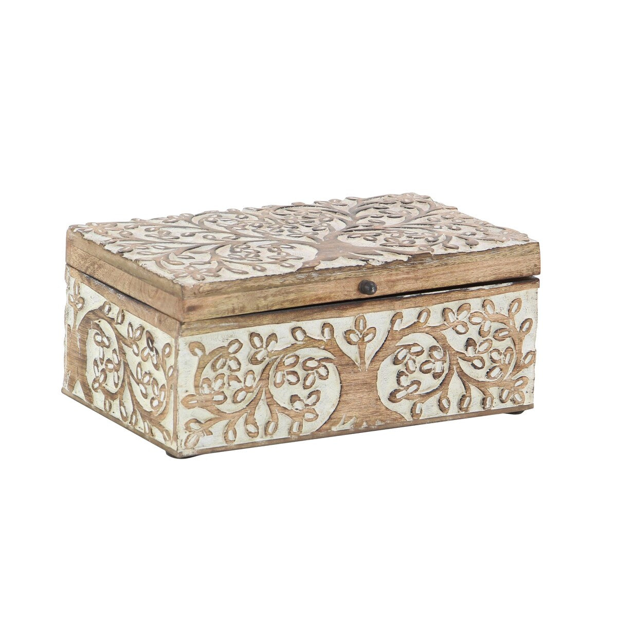 Mango Wood Floral Handmade Decorative Box with Hinged Lid - Set of 3 Brown or White - Roche River Decor