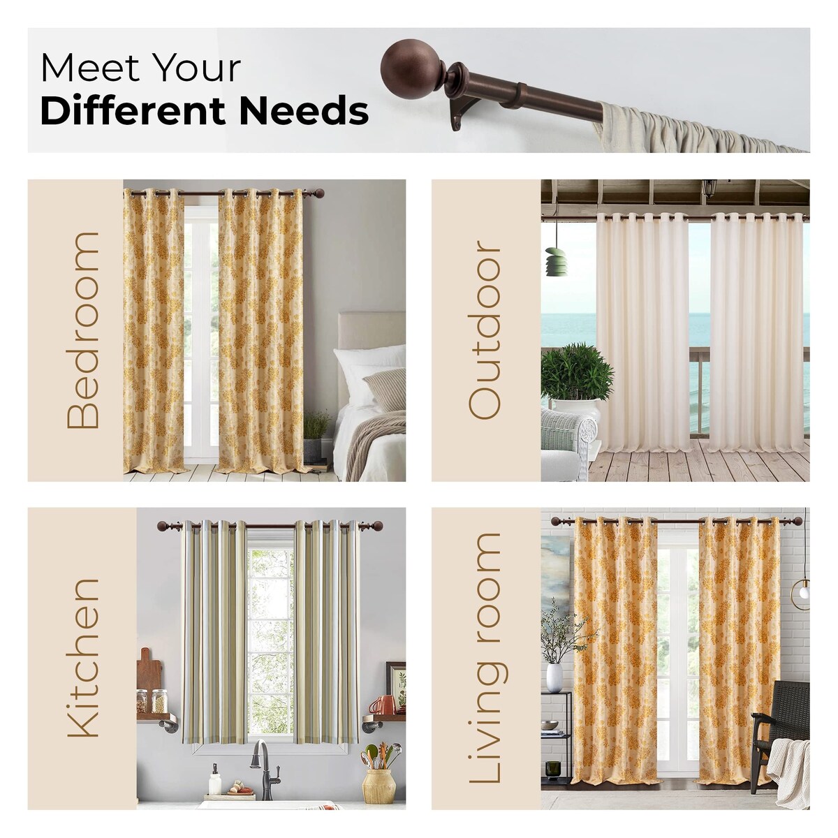 Deco window 1 Inch Adjustable Curtain Rod for Windows & Doors Curtains with Ball Finials & Brackets Set