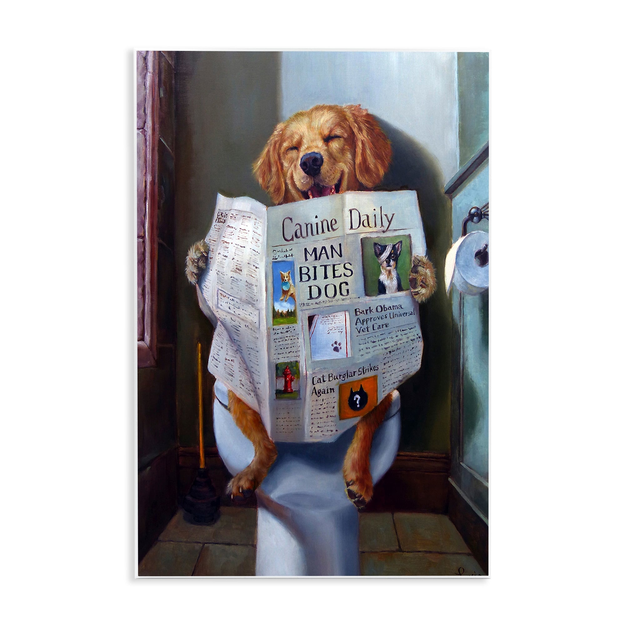 Stupell Dog Reading the Newspaper On Toilet Funny Painting Wall Plaque Art, Proudly Made in USA