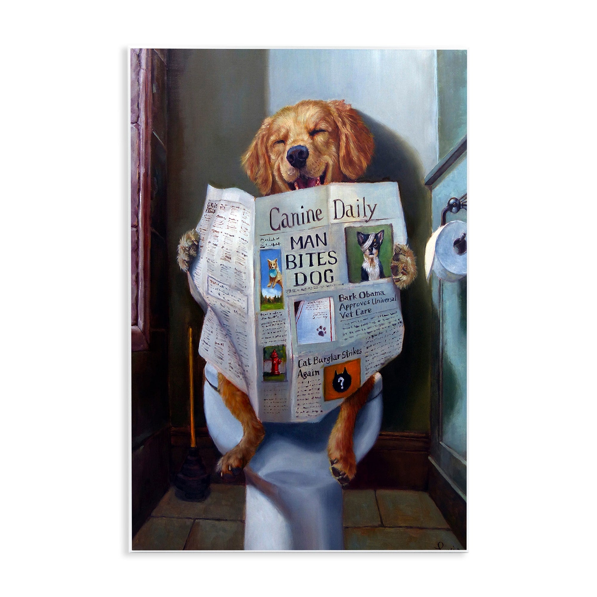 Stupell Dog Reading the Newspaper On Toilet Funny Painting Wall Plaque Art, Proudly Made in USA