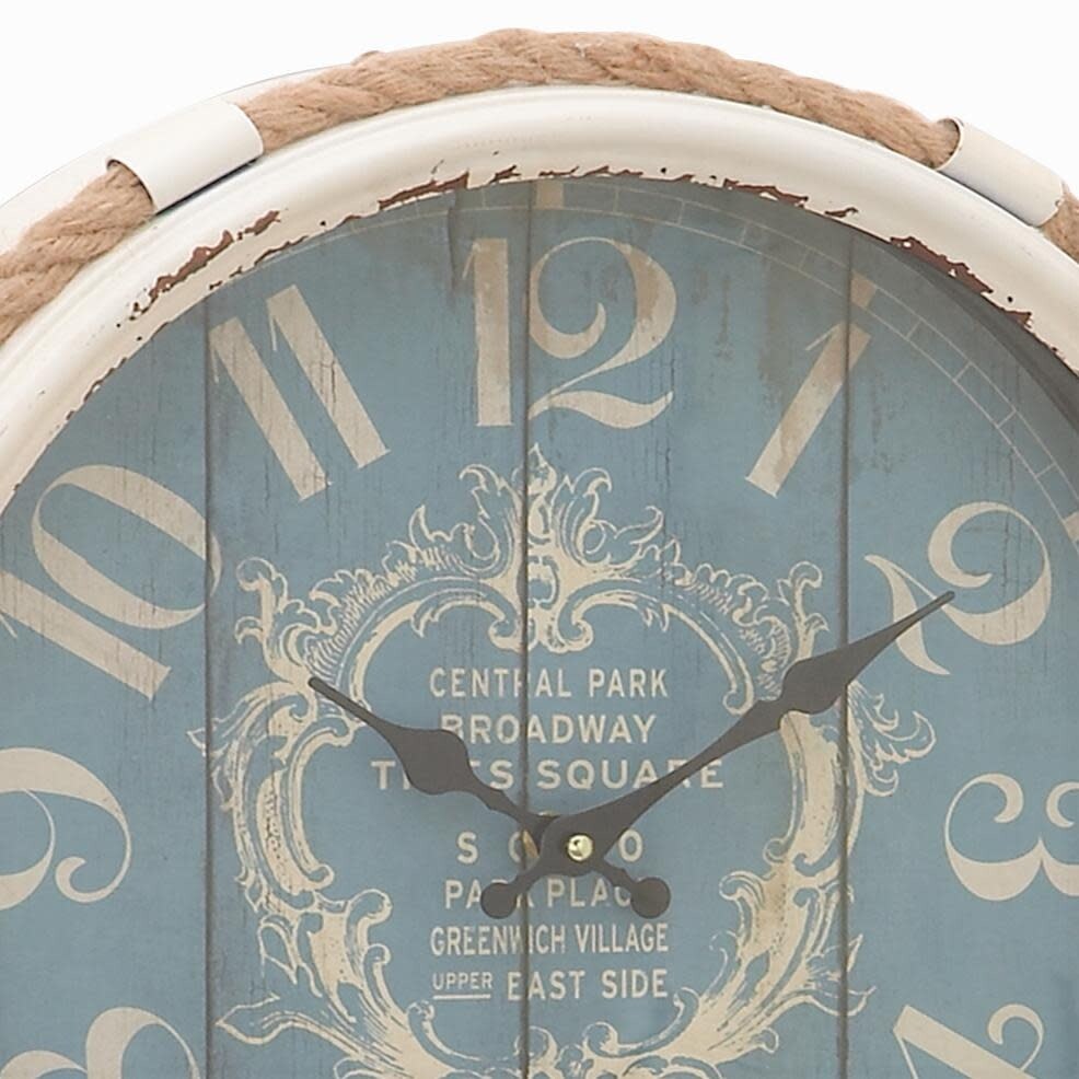 Metal Scroll Decorative Wall Clock with Distressed Frame and Rope Accent - Blue or White - Roche River Decor