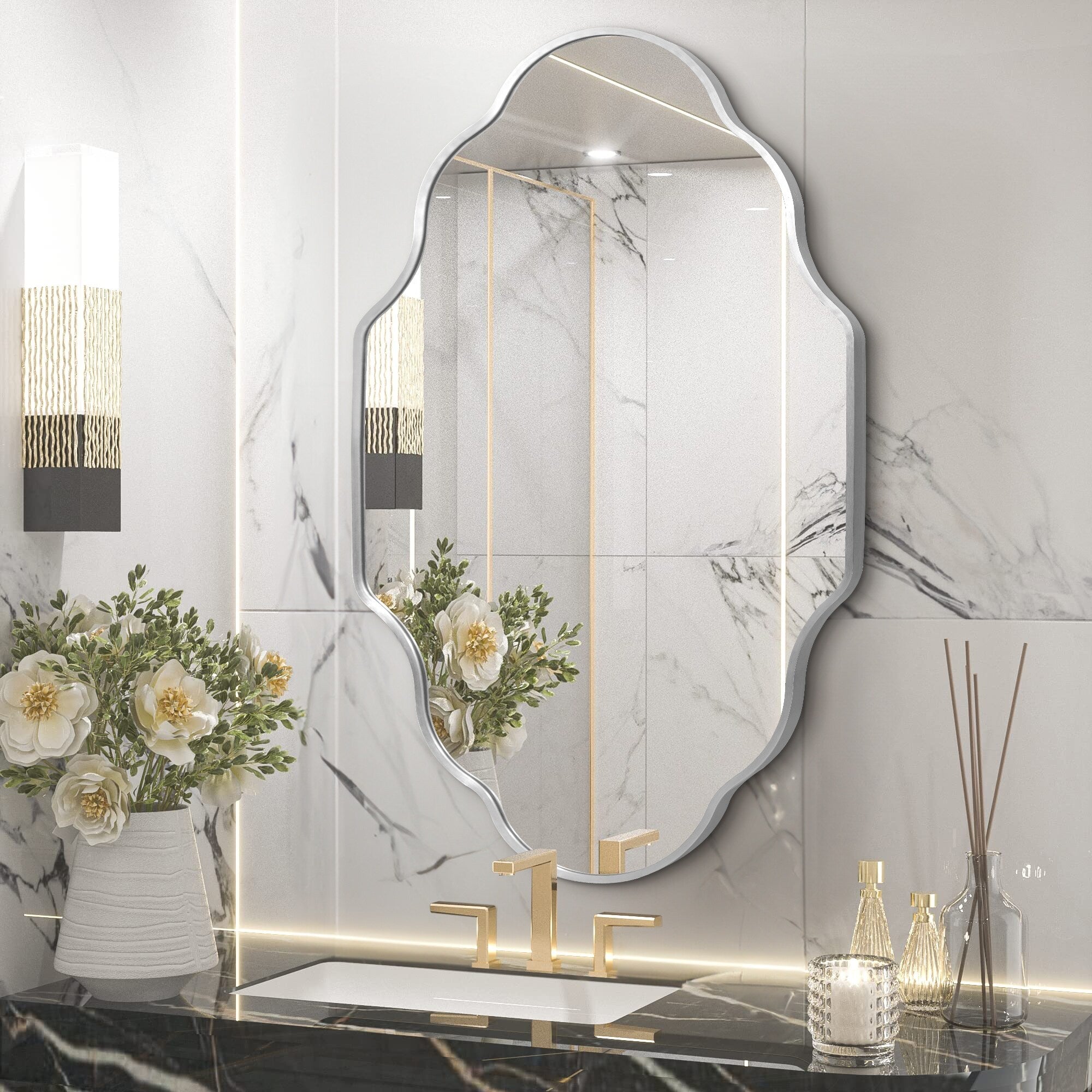 Irregular Aluminum Alloy Framed Wall Mirror Scalloped Wavy Bathroom Mirror