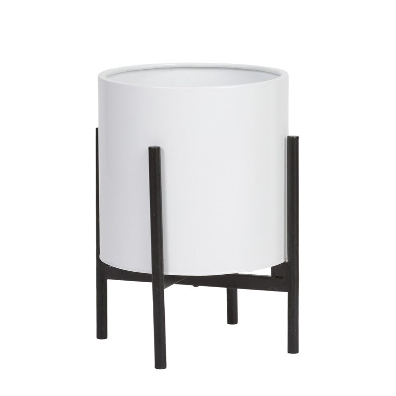 Raya White Mid-Century Modern Planter with 4-Leg Metal Base