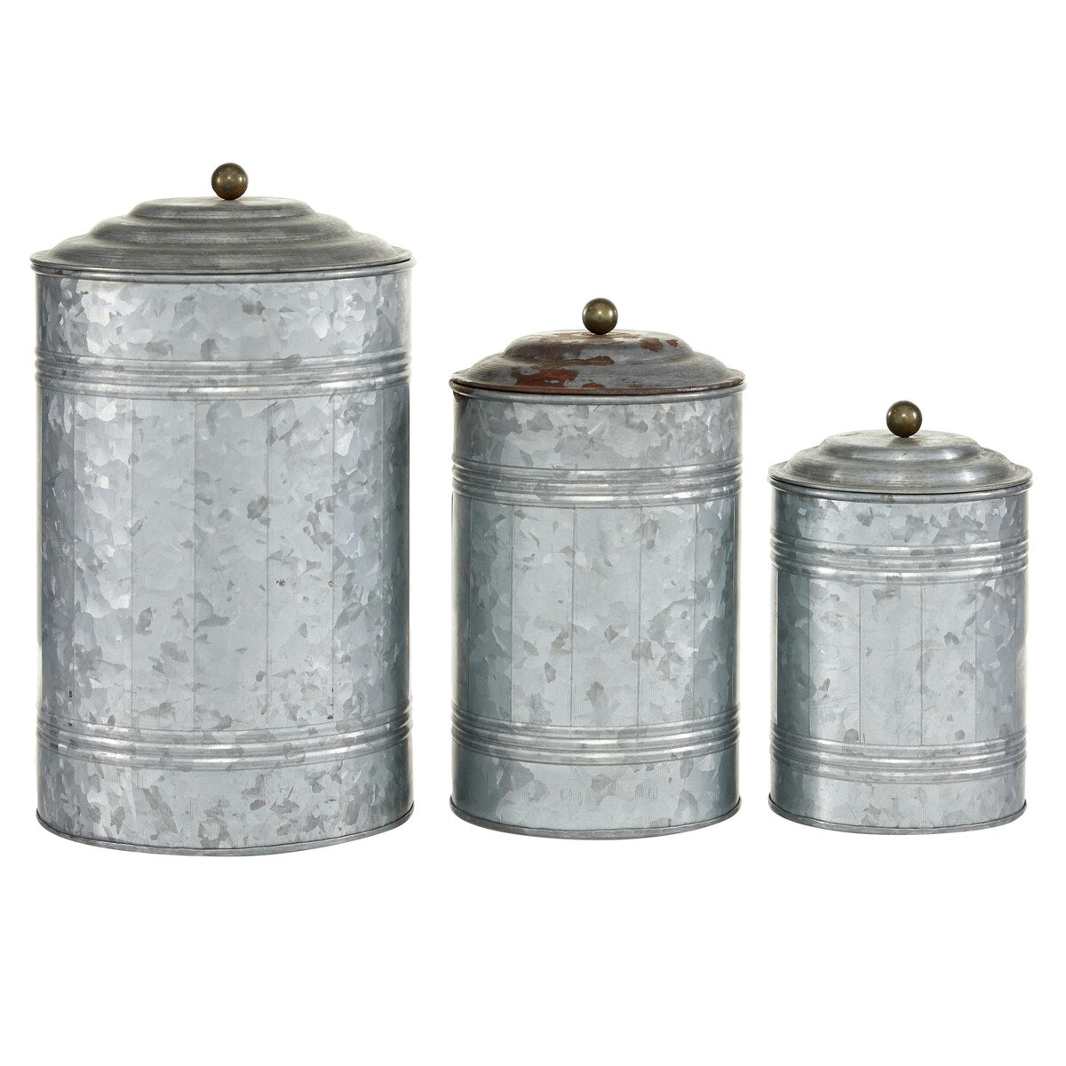 Metal Galvanized Ribbed Living Room Decorative Jars with Gold Ball Knobs - Set of 3 Gray - Roche River Decor