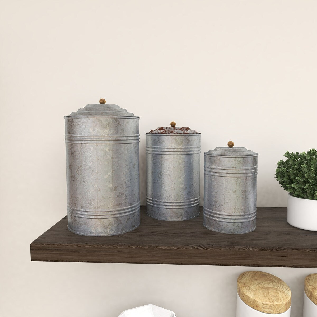 Metal Galvanized Ribbed Living Room Decorative Jars with Gold Ball Knobs - Set of 3 Gray - Roche River Decor