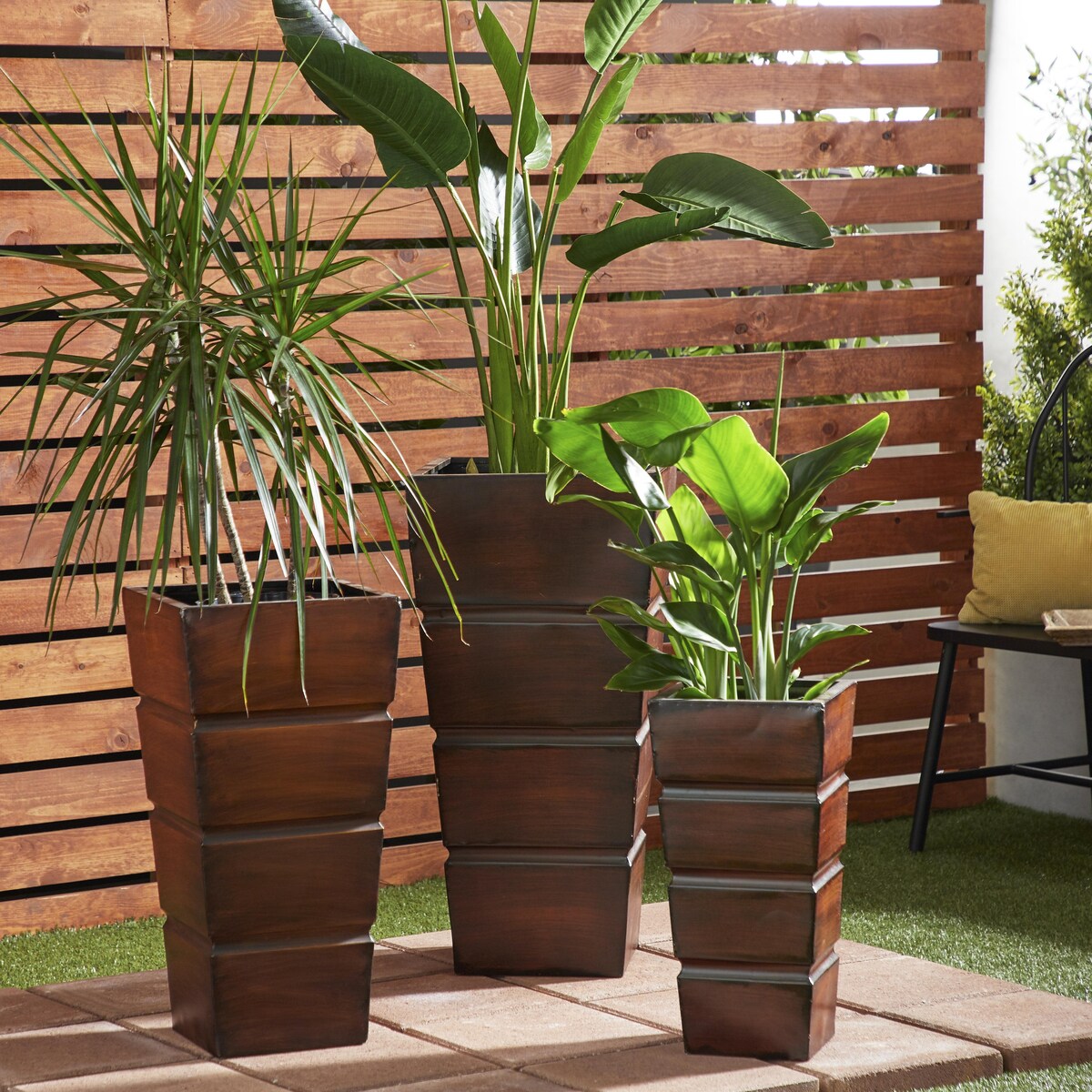 Metal Light Weight Indoor Outdoor Planter with Tapered Base and Fluted Design - Set of 3 Brown - Roche River Decor