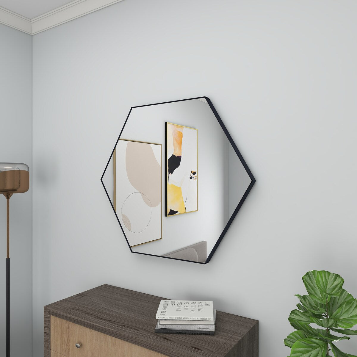 Wooden Hexagon Room Wall Mirror with Thin Minimalistic Frame - Black or Gold - CosmoLiving by Cosmopolitan