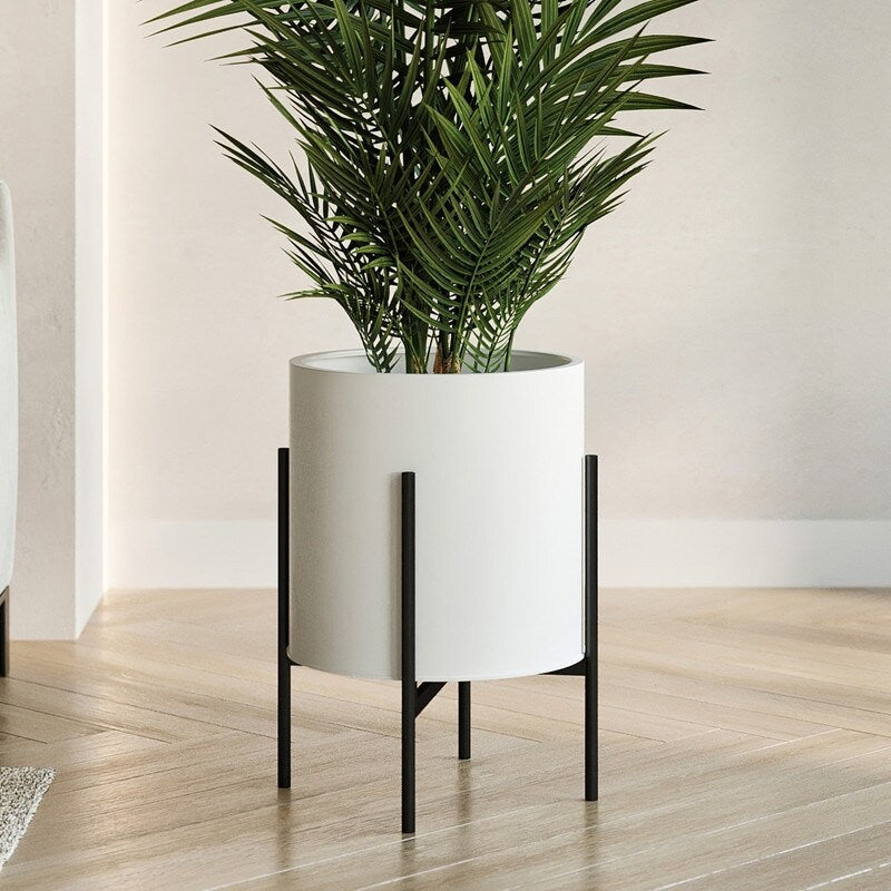 Raya White Mid-Century Modern Planter with 4-Leg Metal Base