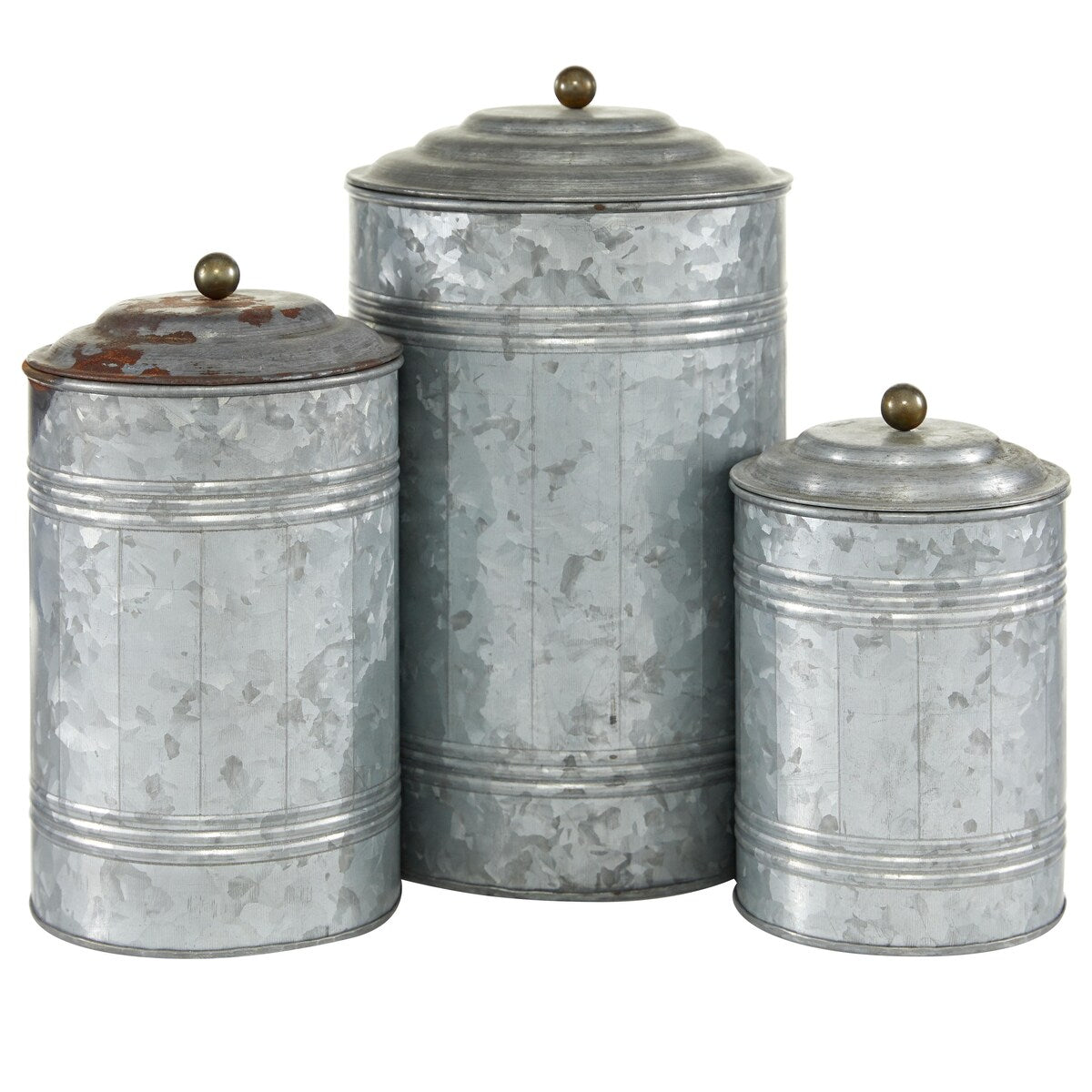 Metal Galvanized Ribbed Living Room Decorative Jars with Gold Ball Knobs - Set of 3 Gray - Roche River Decor