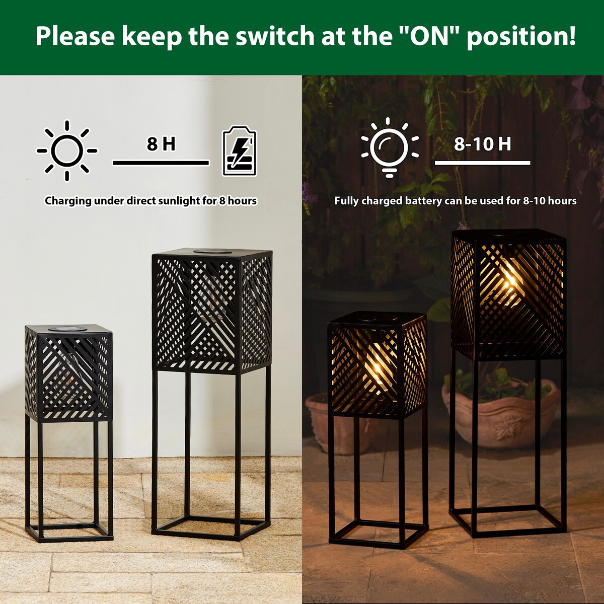 Glitzhome 24H Set of 2 Outdoor Geometric Black Metal Solar Standing Lantern with Bulb